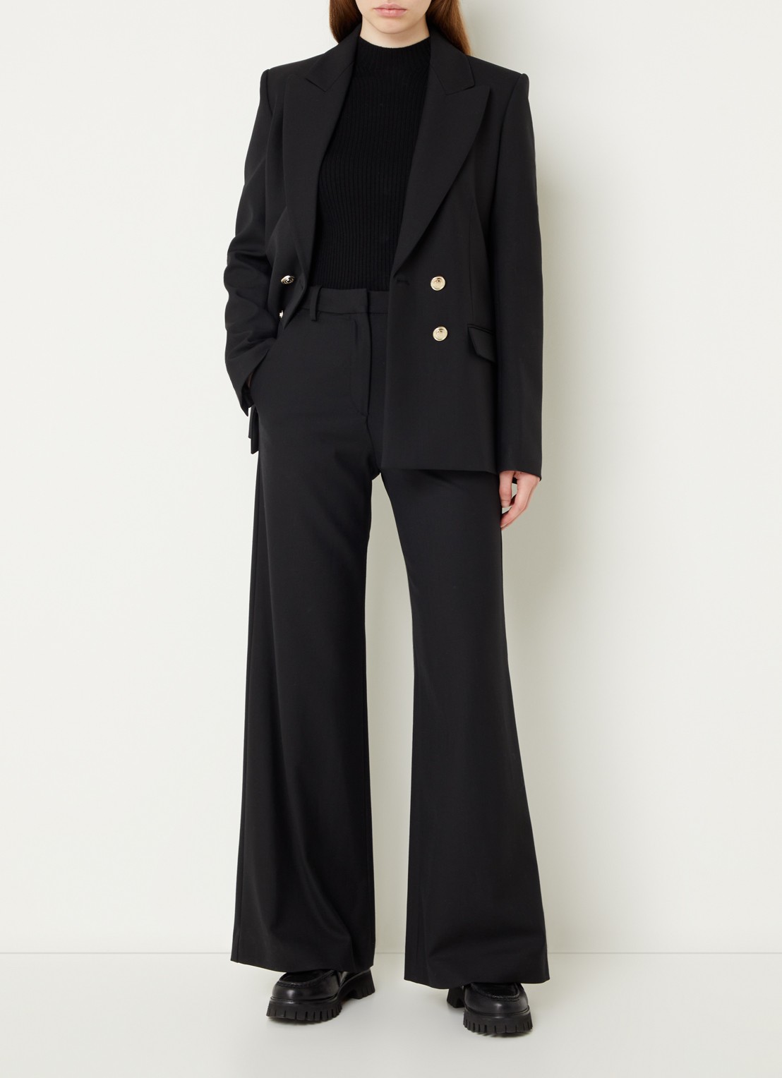 Maje High waist wide fit pantalon in wolblend met steekzakken - voorkant 3 zwart