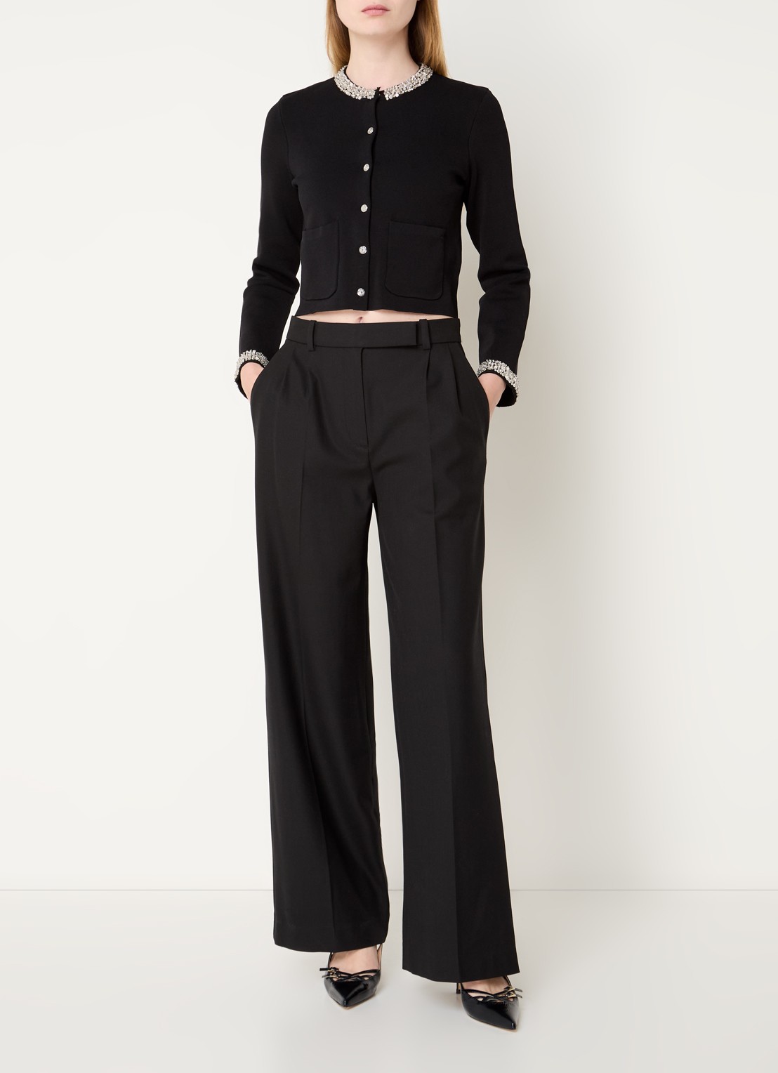 Maje High waist wide fit pantalon in wolblend met steekzakken - voorkant 2 zwart