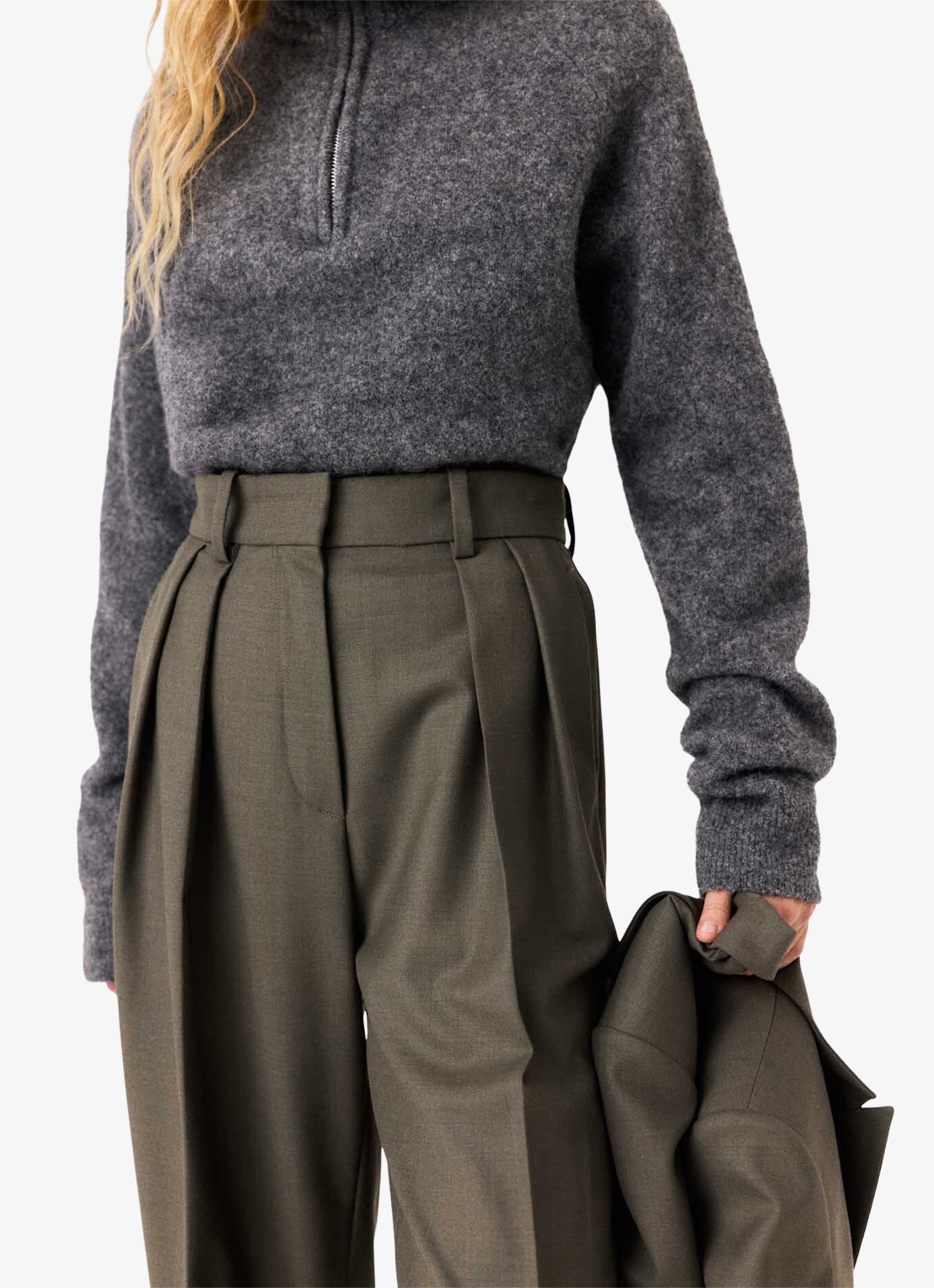Maje High waist wide fit pantalon in wolblend - detail 7 legergroen