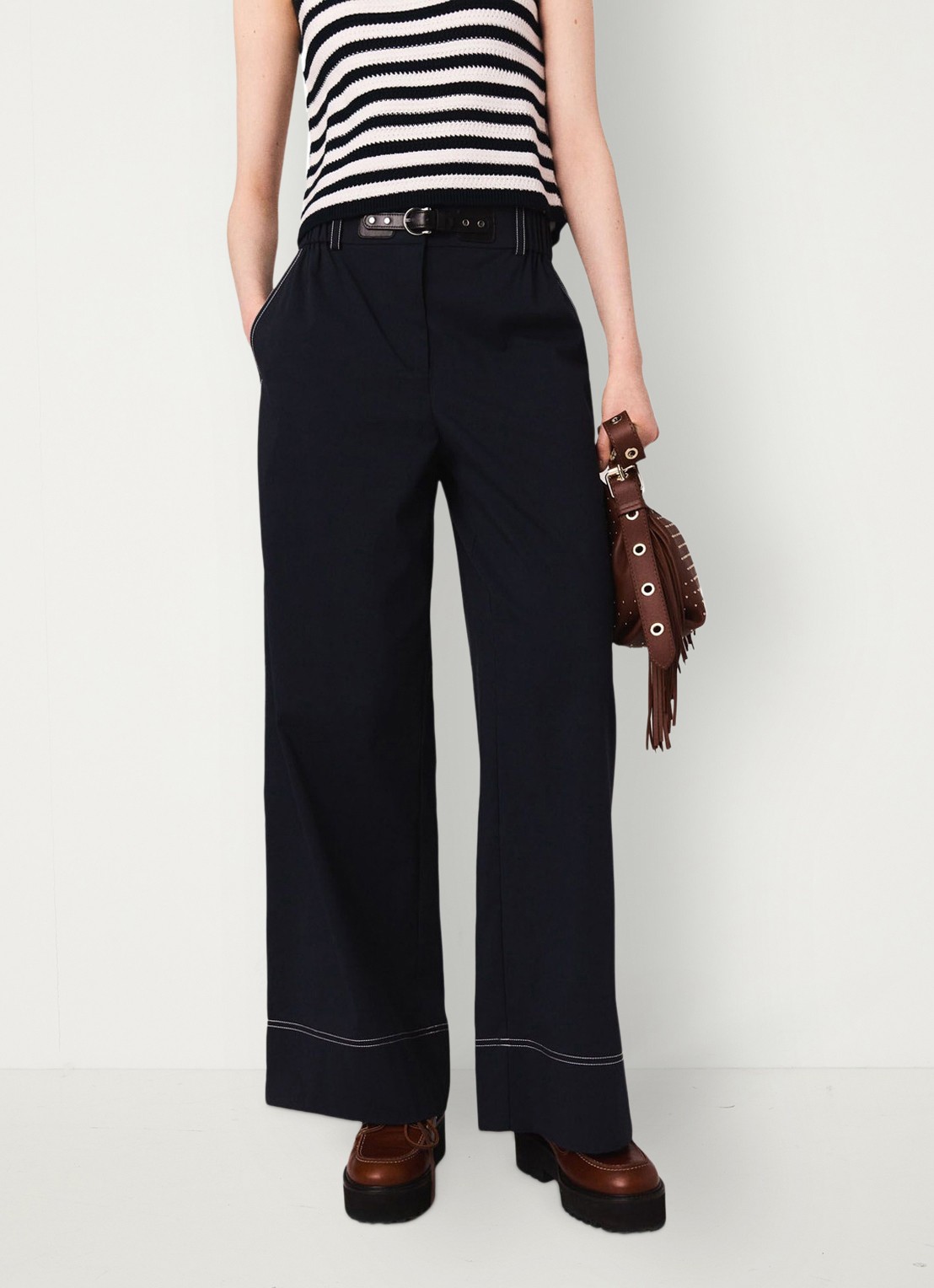 Maje High waist wide fit pantalon met ceintuur - detail 4 donkerblauw