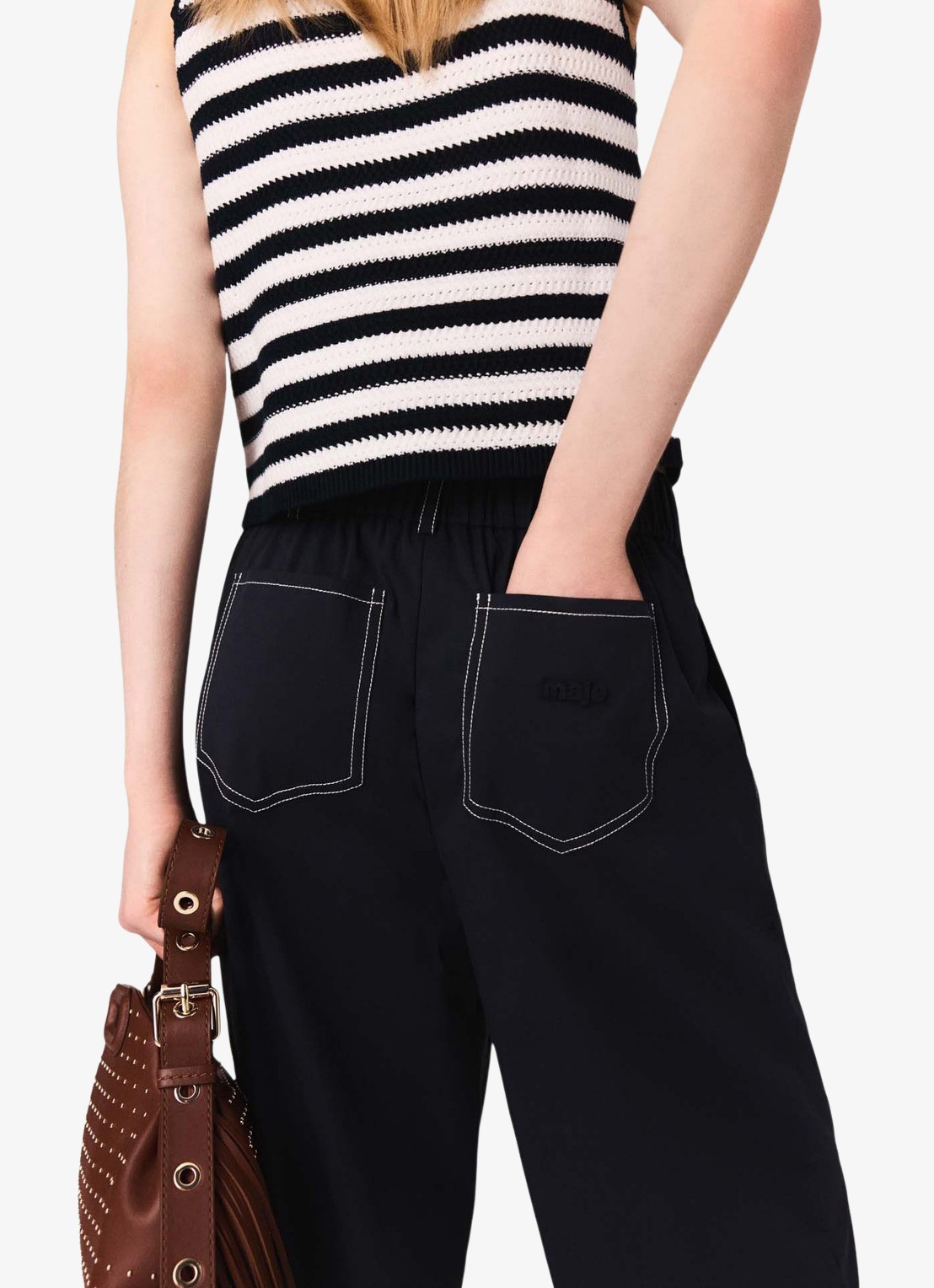 Maje High waist wide fit pantalon met ceintuur - detail 6 donkerblauw