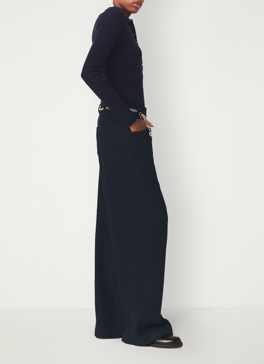 Maje High waist wide fit pantalon met steekzakken - detail 5 donkerblauw