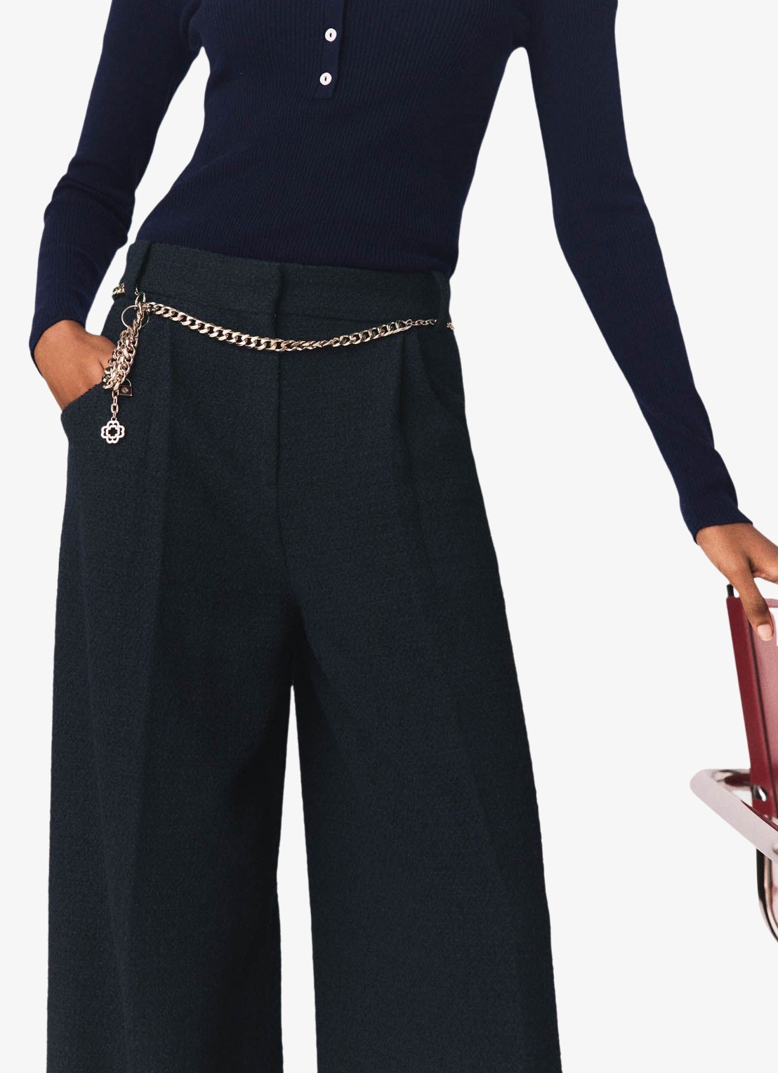 Maje High waist wide fit pantalon met steekzakken - detail 7 donkerblauw