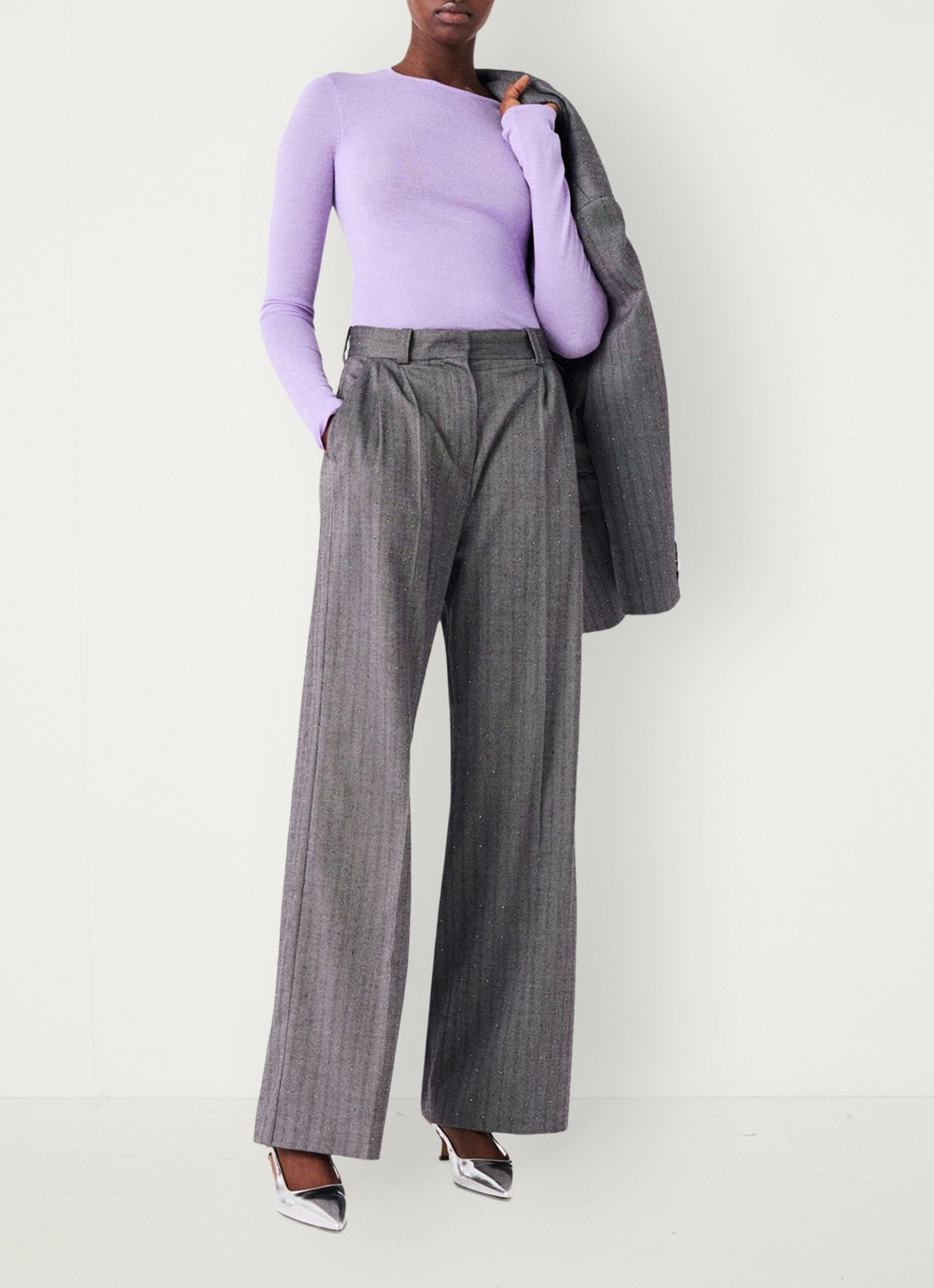 Maje High waist wide fit pantalon met strass - voorkant 2 grijs