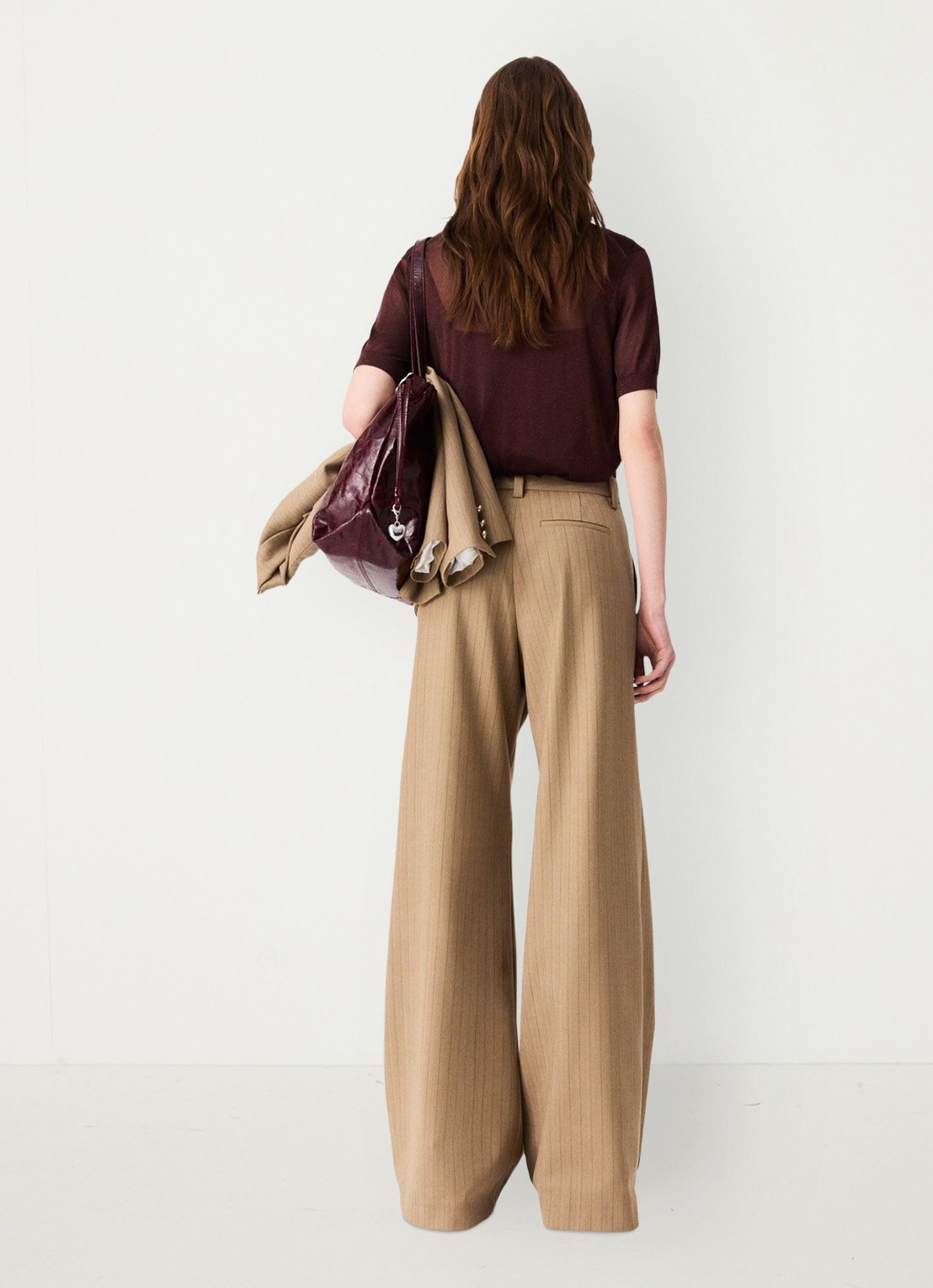 Maje High waist wide fit pantalon met streepprint - achterkant 8 beige