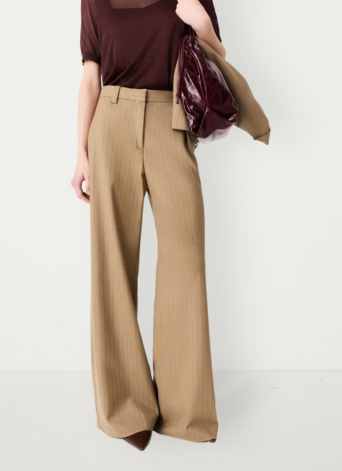 Maje High waist wide fit pantalon met streepprint - detail beige