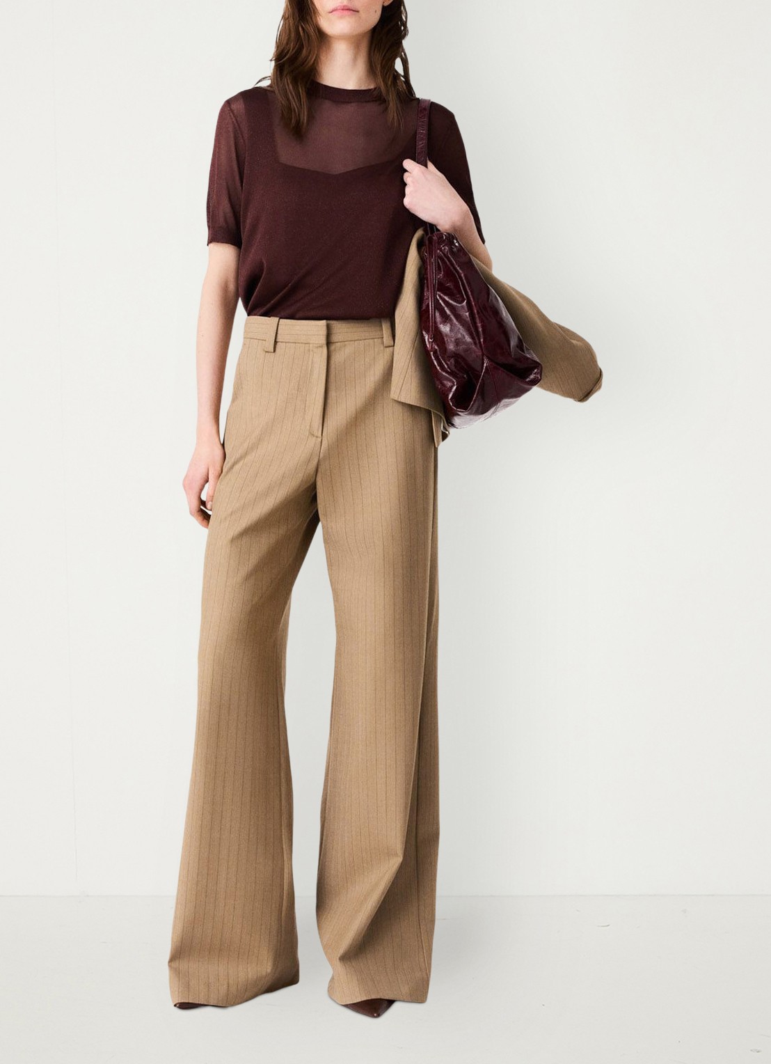 Maje High waist wide fit pantalon met streepprint - voorkant 7 beige