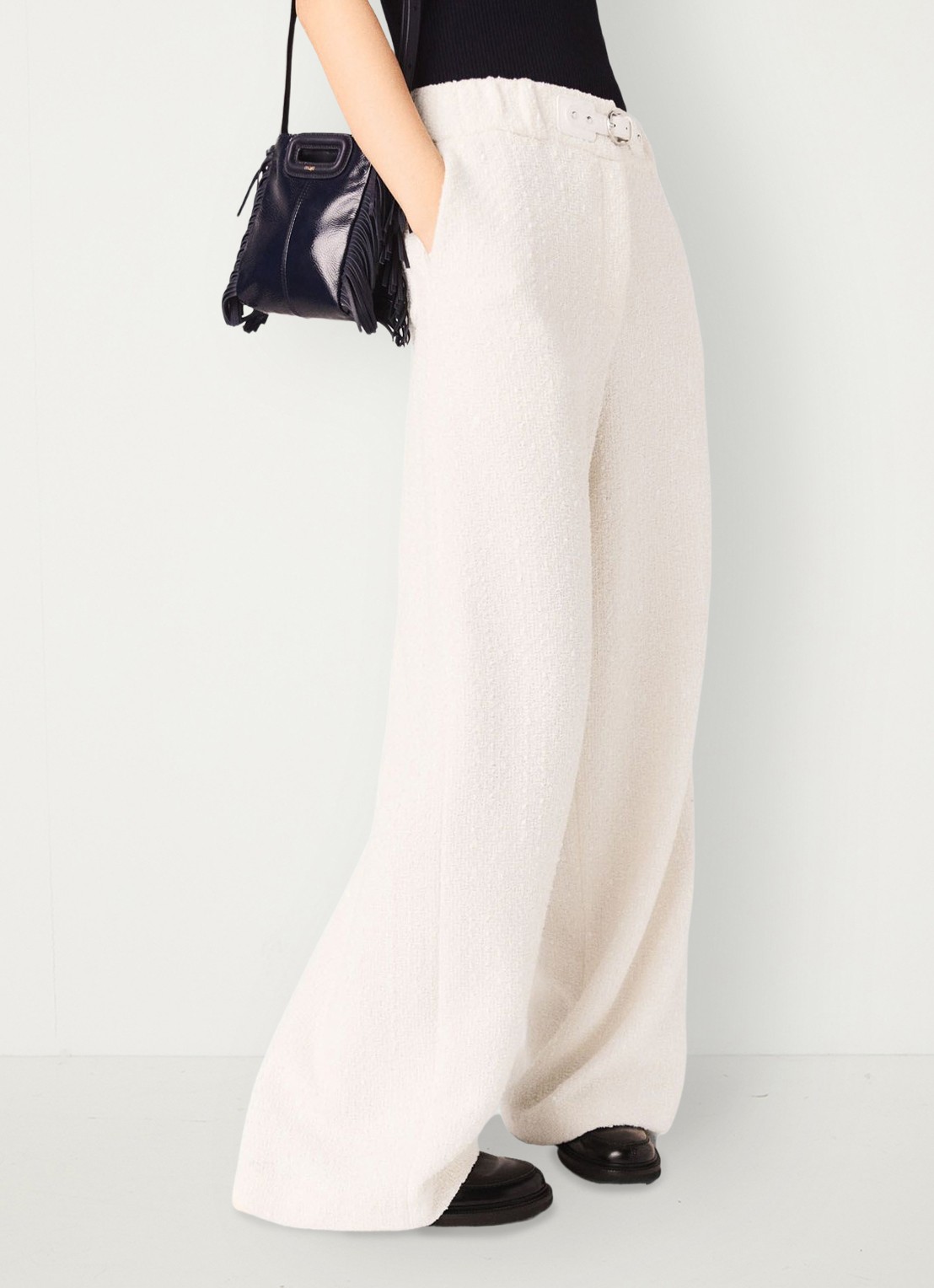 Maje High waist wide fit pantalon met tweed-look - detail beige