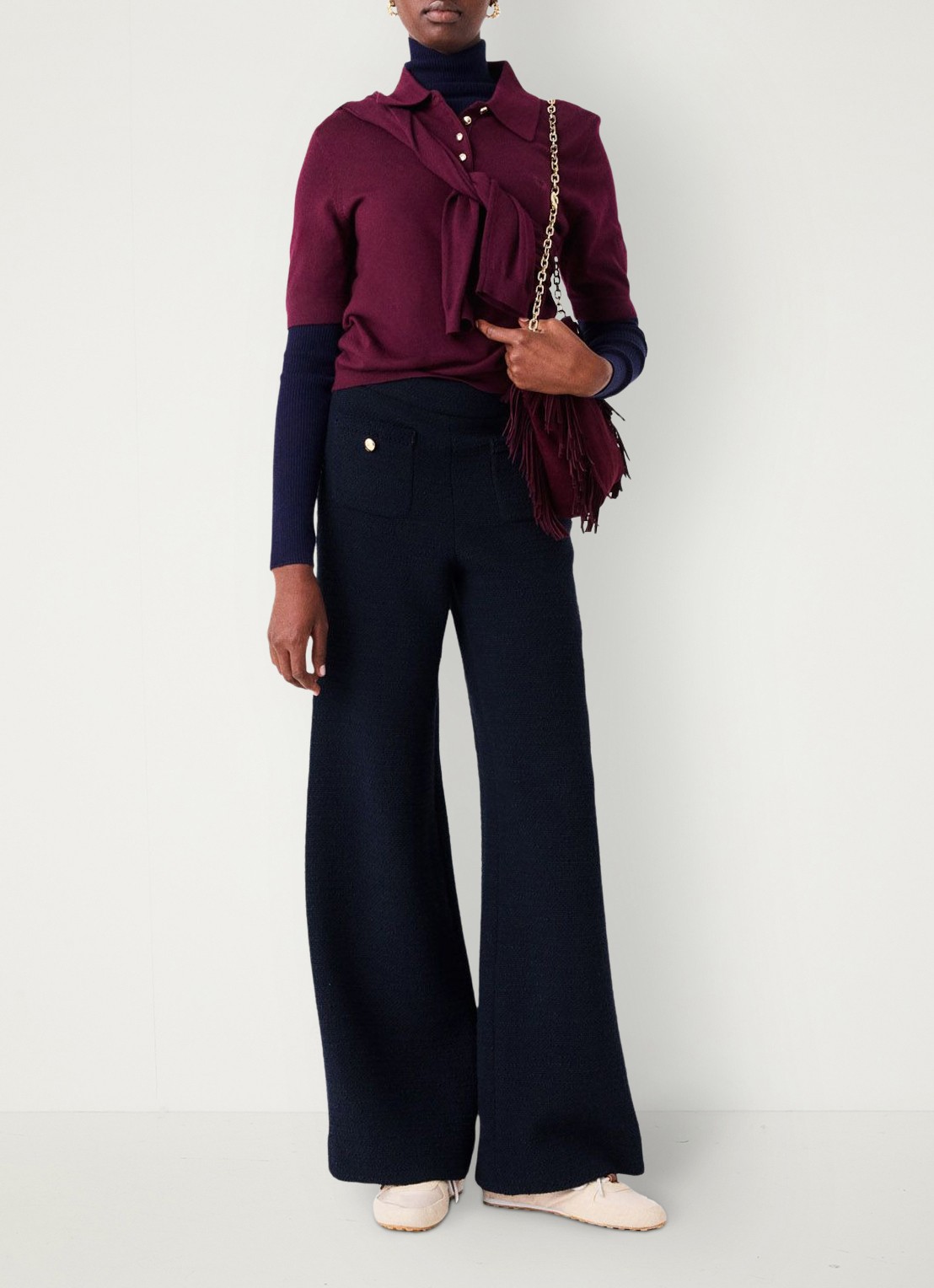 Maje High waist wide fit pantalon met tweed-look - voorkant 2 donkerblauw