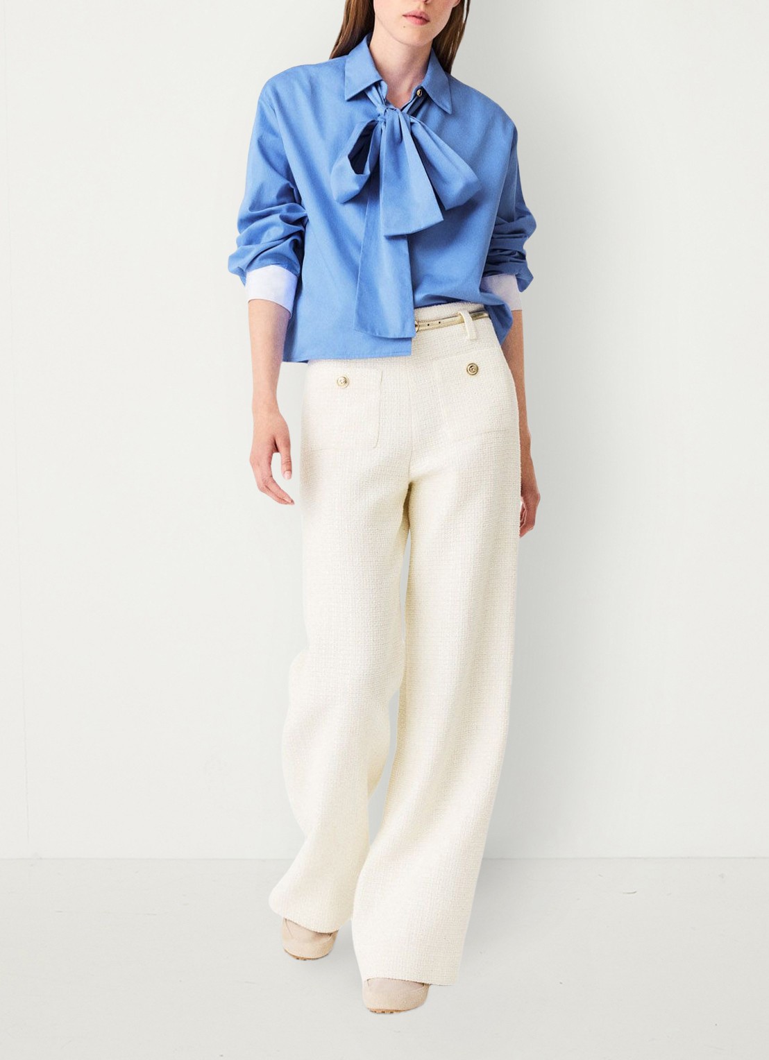 Maje High waist wide fit pantalon van bouclé met opgestikte zakken - detail 4 beige