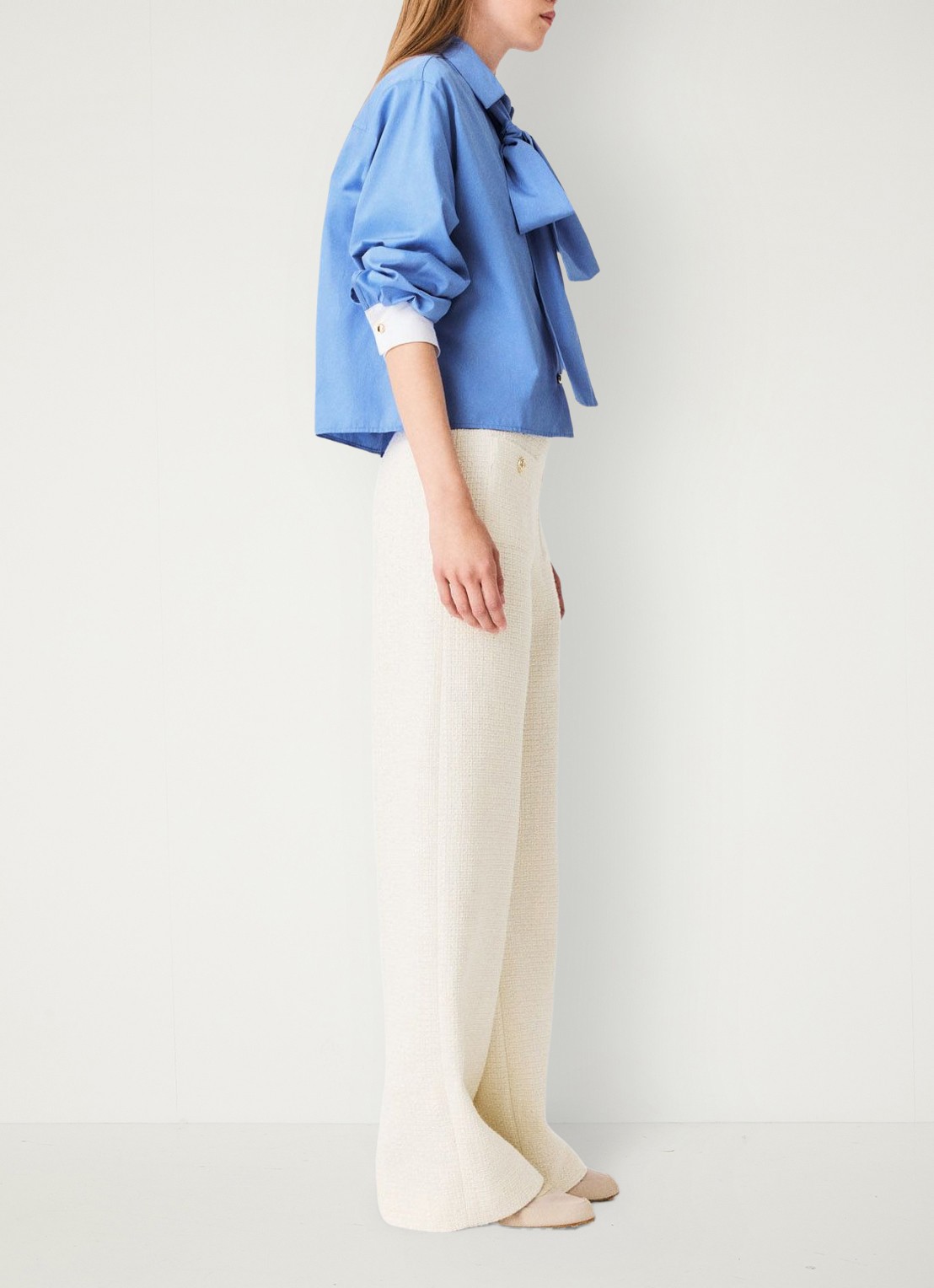 Maje High waist wide fit pantalon van bouclé met opgestikte zakken - detail 5 beige