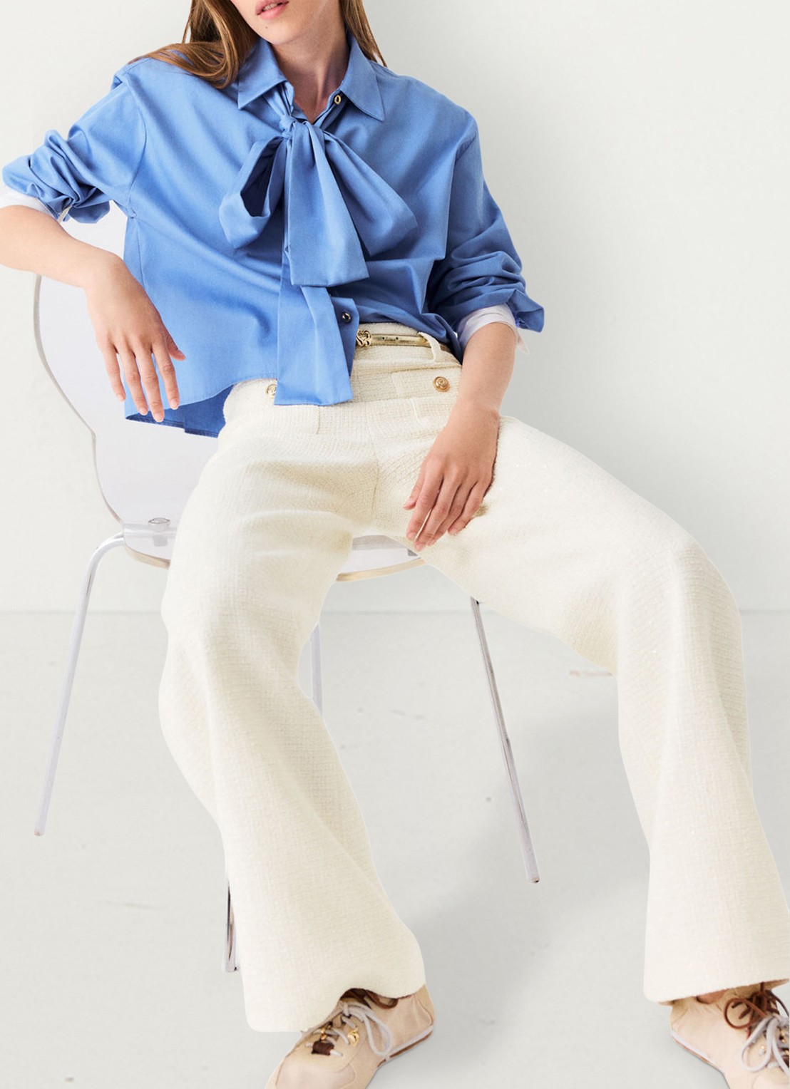 Maje High waist wide fit pantalon van bouclé met opgestikte zakken - detail 6 beige