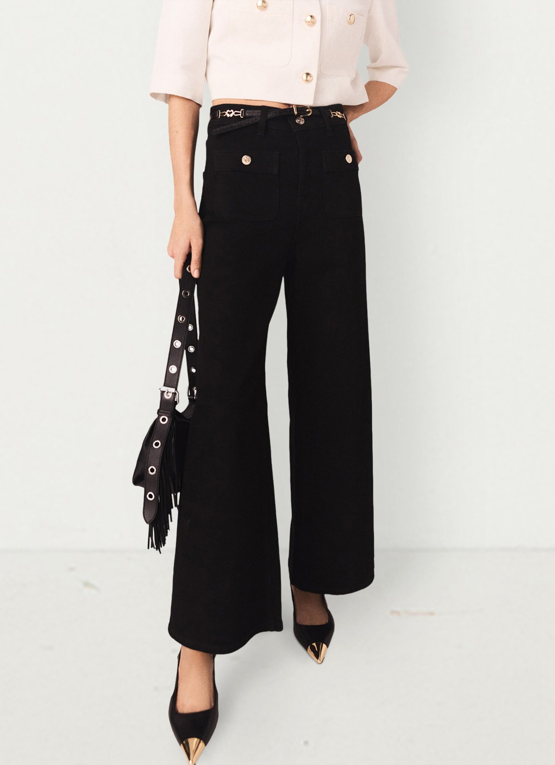 Maje High waist wide leg jeans met opgestikte zakken - detail zwart