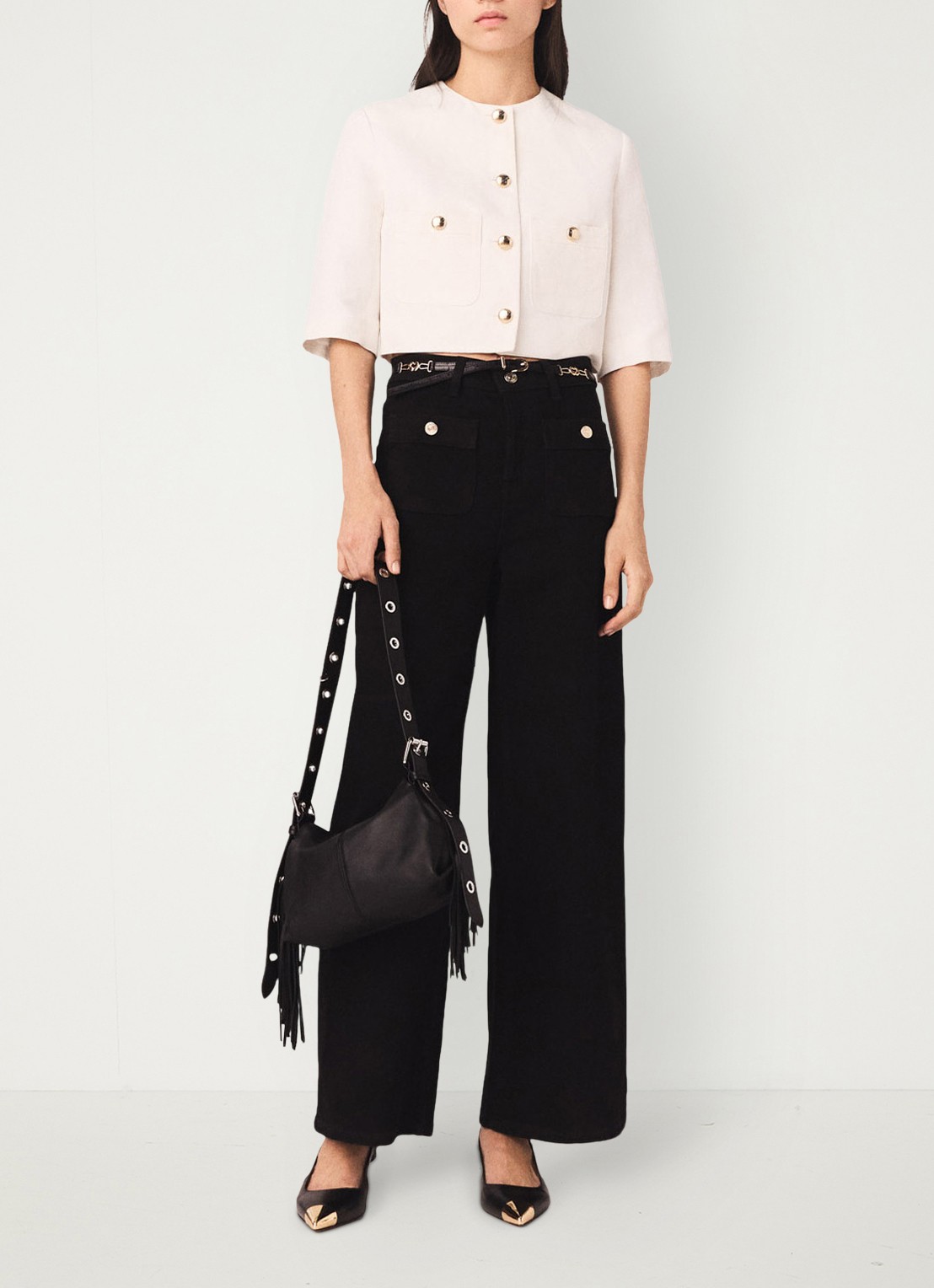 Maje High waist wide leg jeans met opgestikte zakken - voorkant 7 zwart