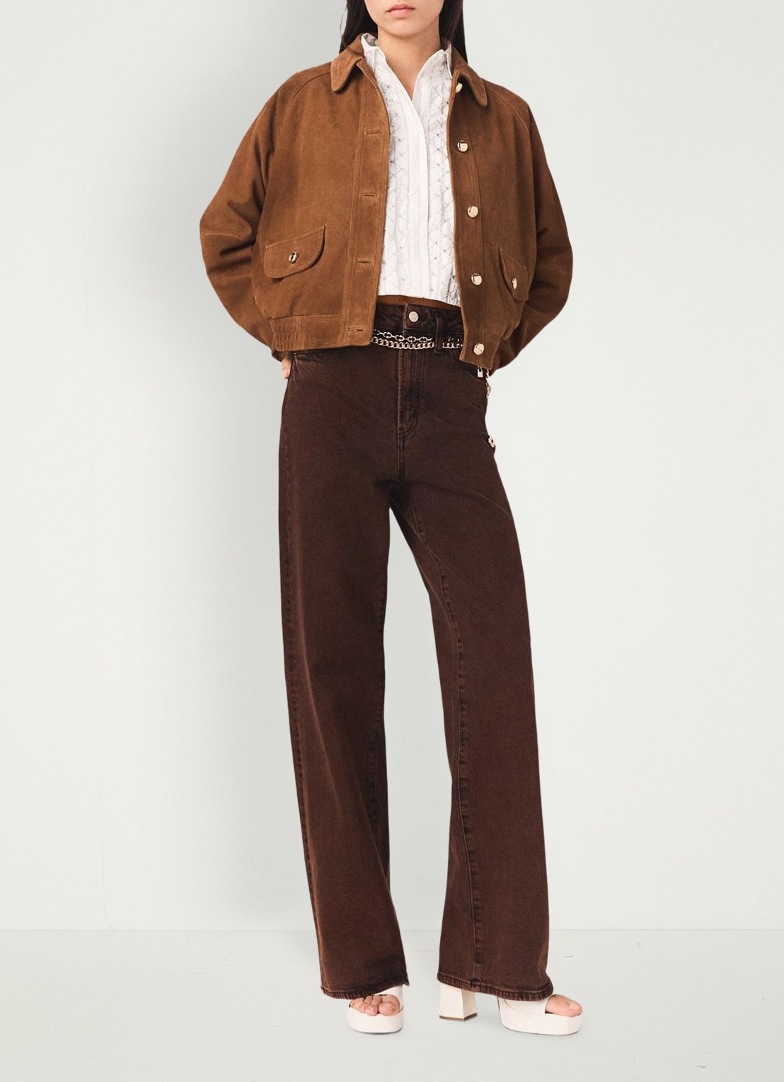 Maje High waist wide leg jeans met steekzakken - voorkant 2 bruin