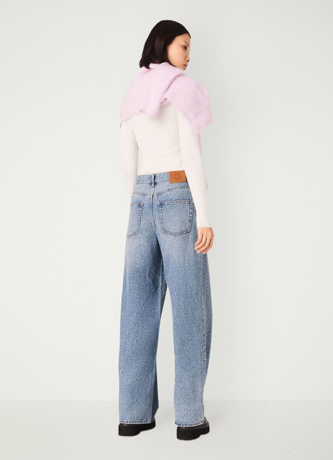 Maje High waist wide leg jeans met strass - achterkant indigo