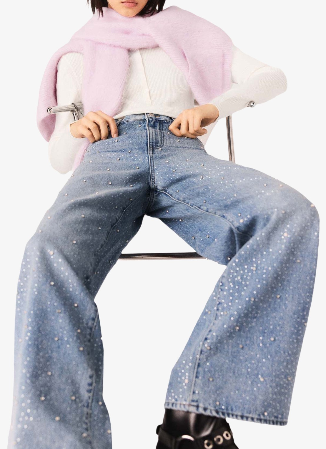 Maje High waist wide leg jeans met strass - detail 4 indigo