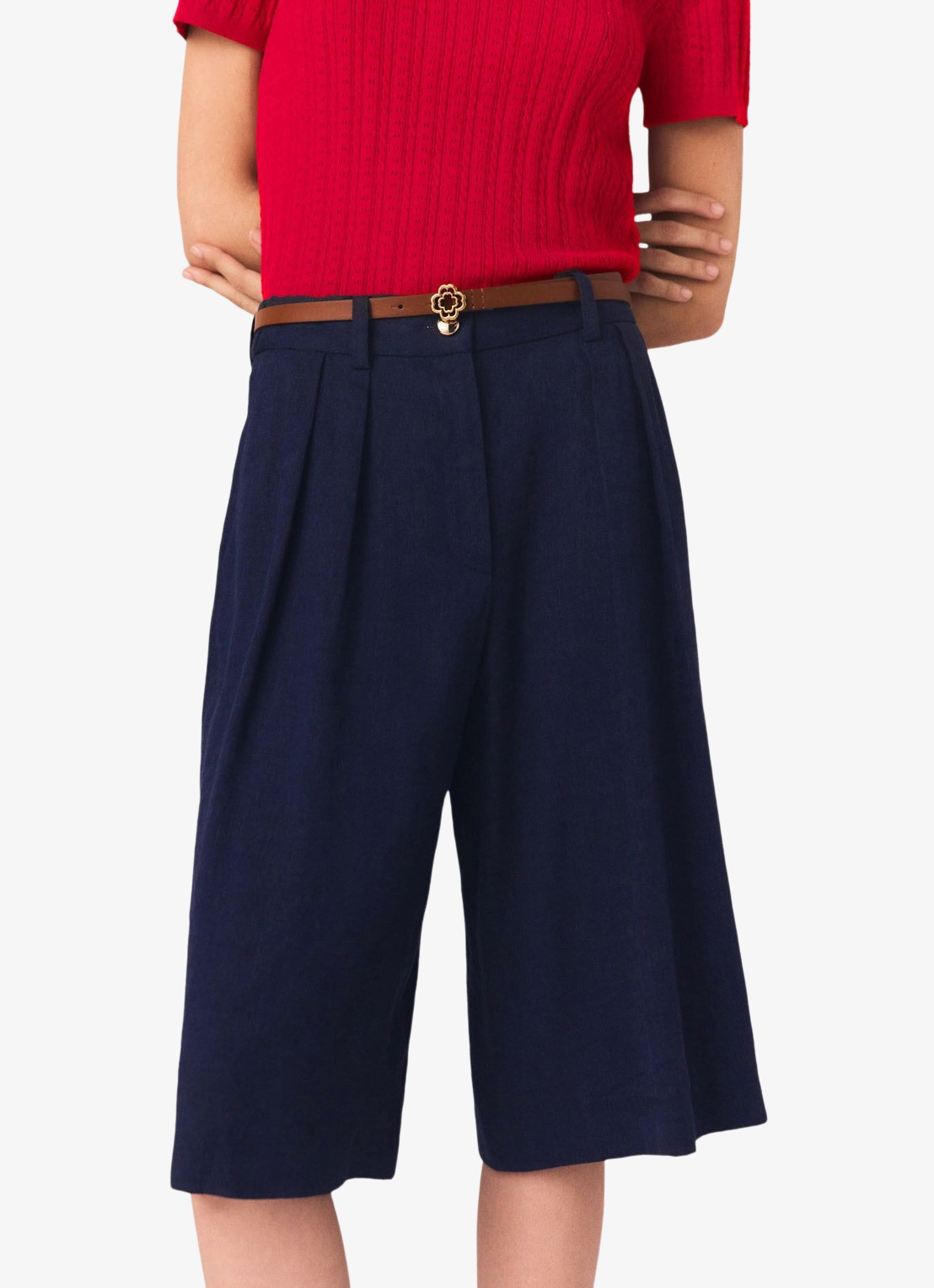 Maje Icailly high waist straight fit bermuda in linnenblend - detail donkerblauw