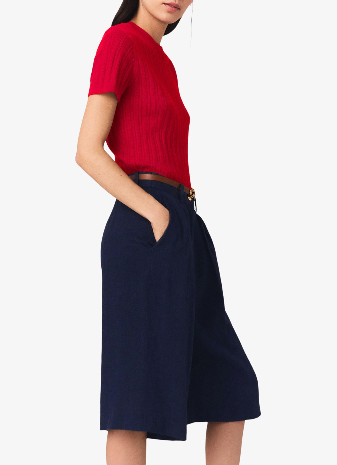 Maje Icailly high waist straight fit bermuda in linnenblend - detail 4 donkerblauw