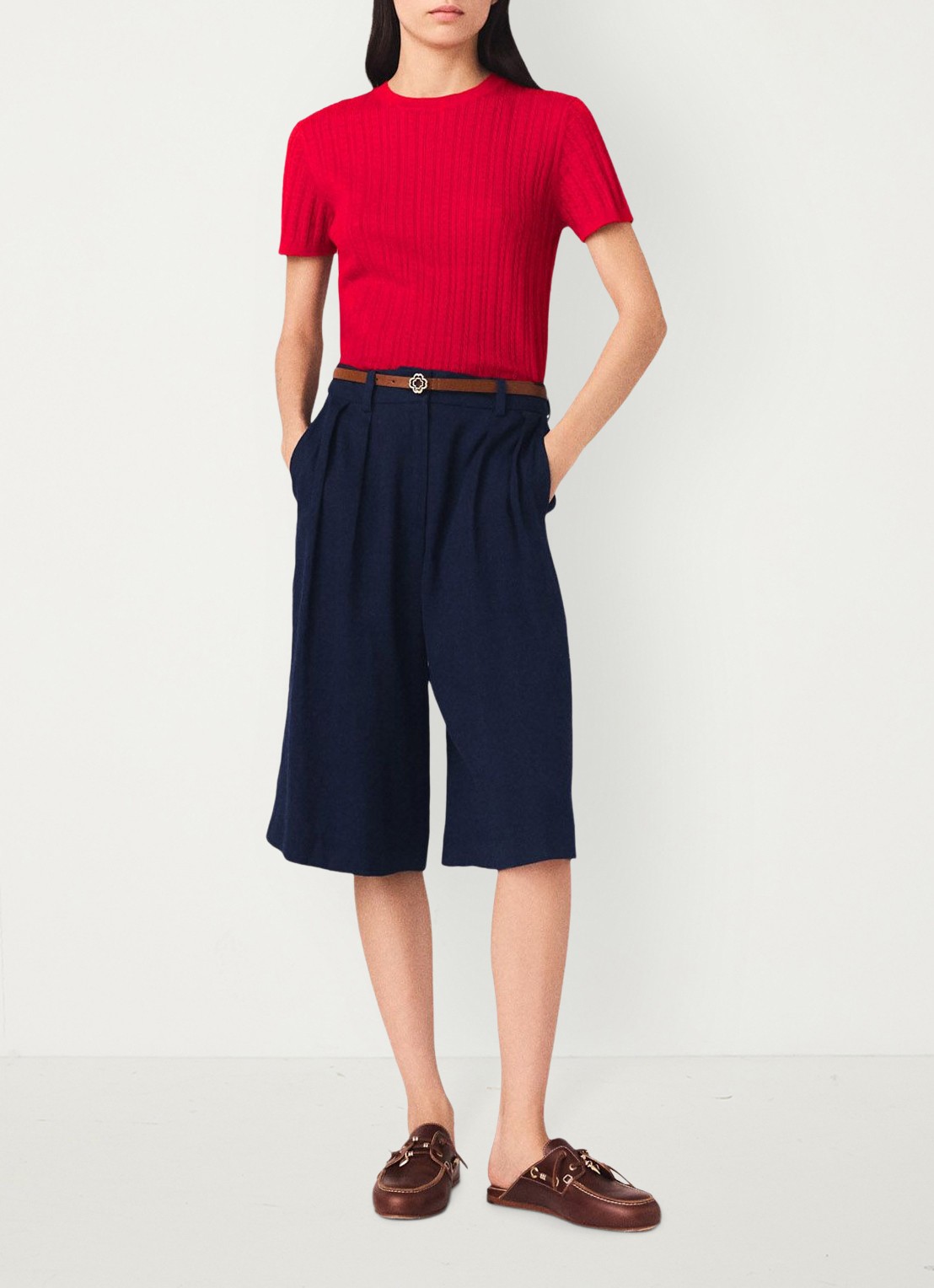 Maje Icailly high waist straight fit bermuda in linnenblend - voorkant 7 donkerblauw