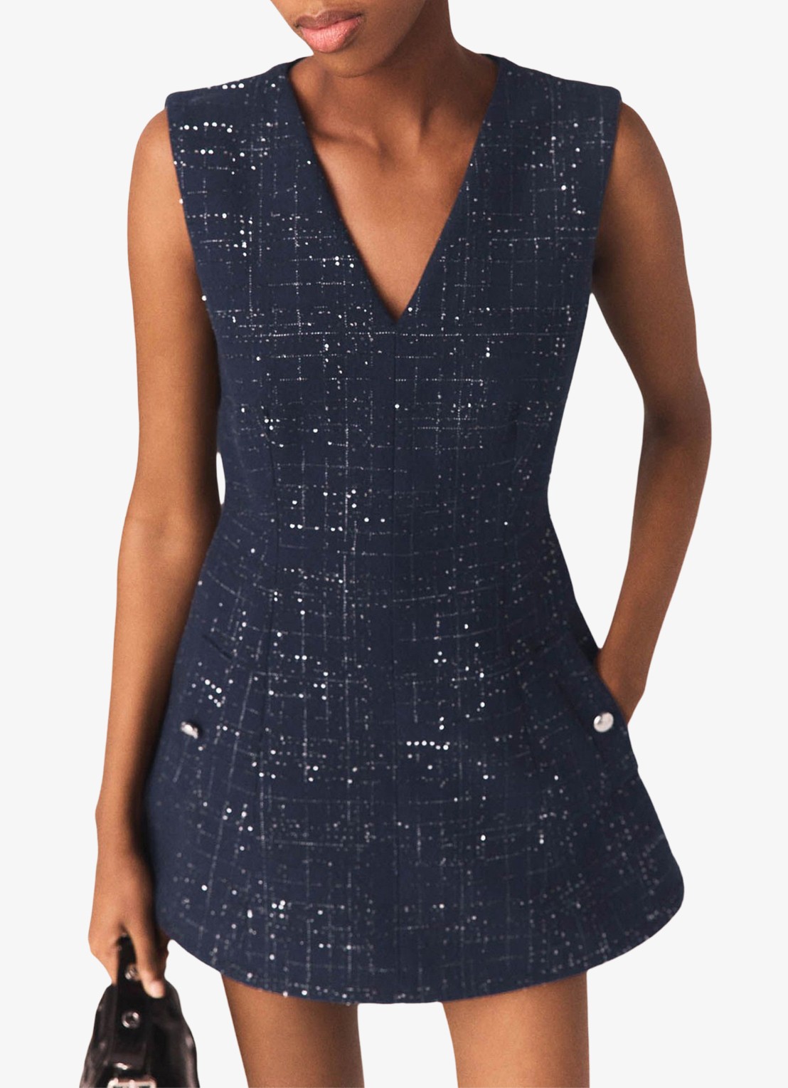 Maje Iomel mini jurk met steekzakken - detail donkerblauw