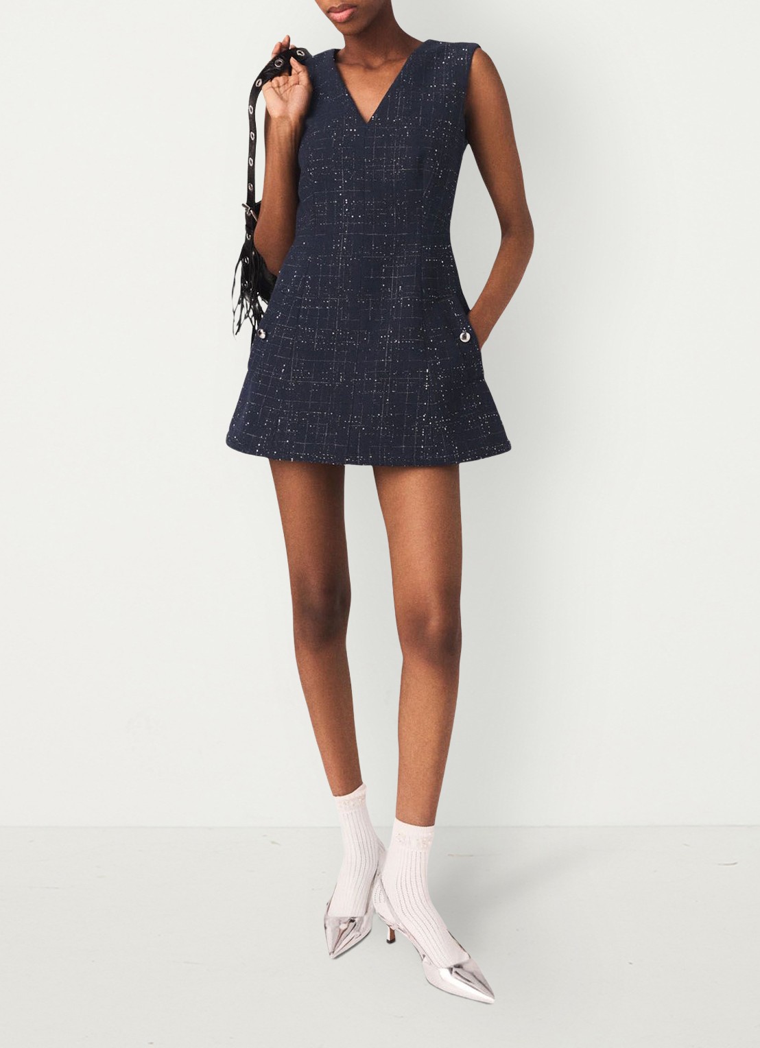 Maje Iomel mini jurk met steekzakken - detail 3 donkerblauw