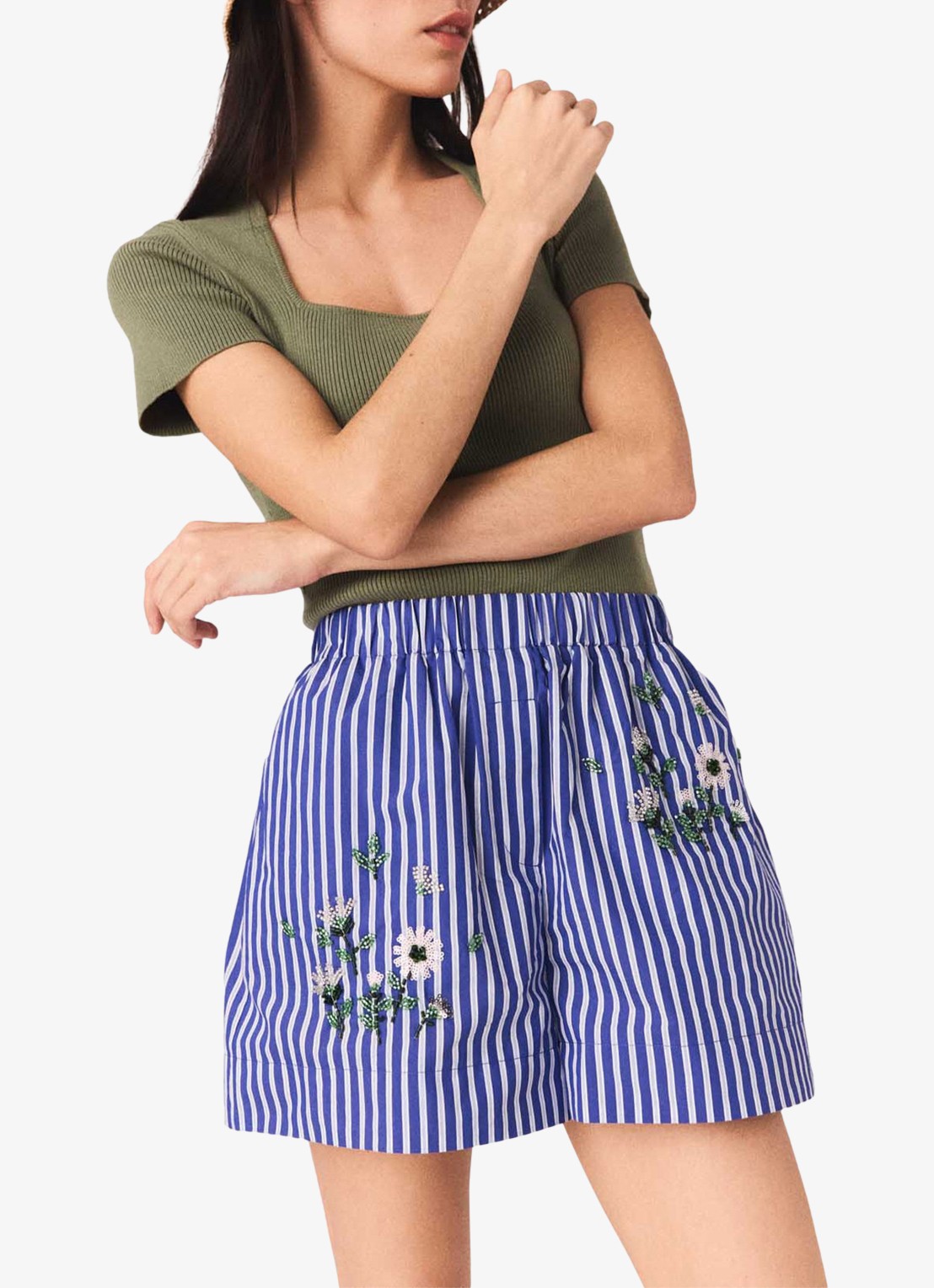 Maje Ipearl high waist wide fit korte broek met streepprint - detail 4 blauw