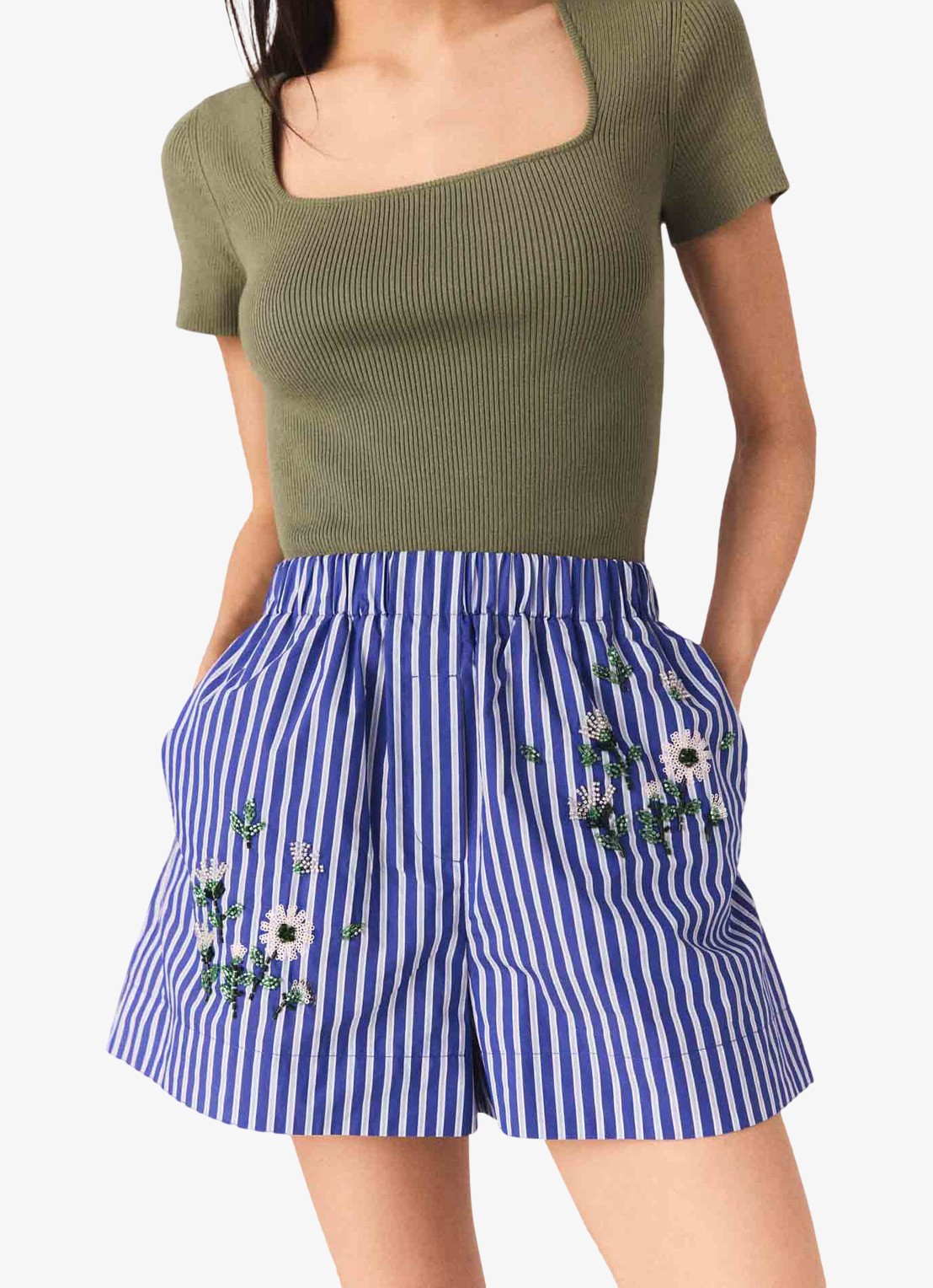 Maje Ipearl high waist wide fit korte broek met streepprint - detail 6 blauw
