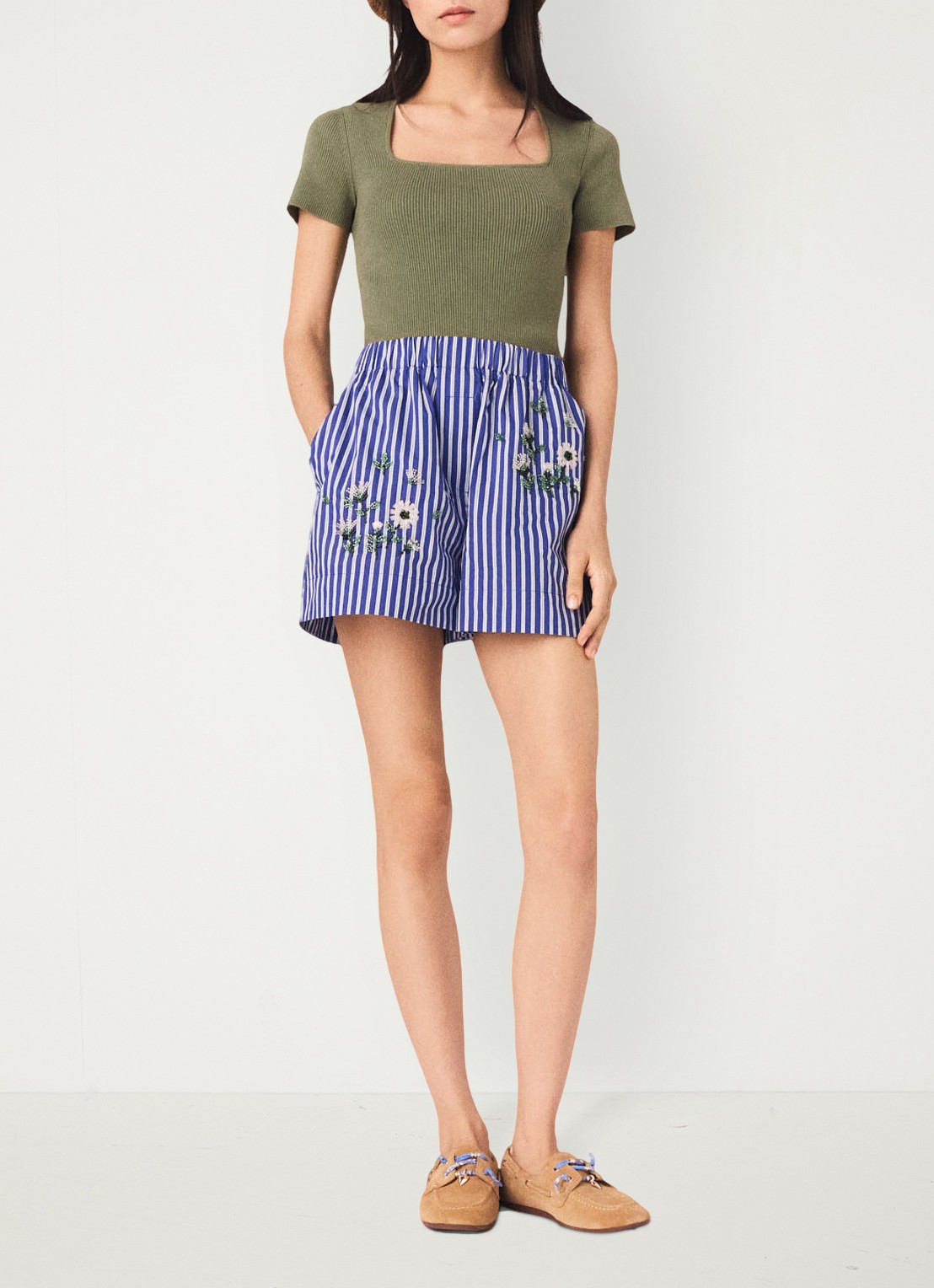 Maje Ipearl high waist wide fit korte broek met streepprint - voorkant 3 blauw
