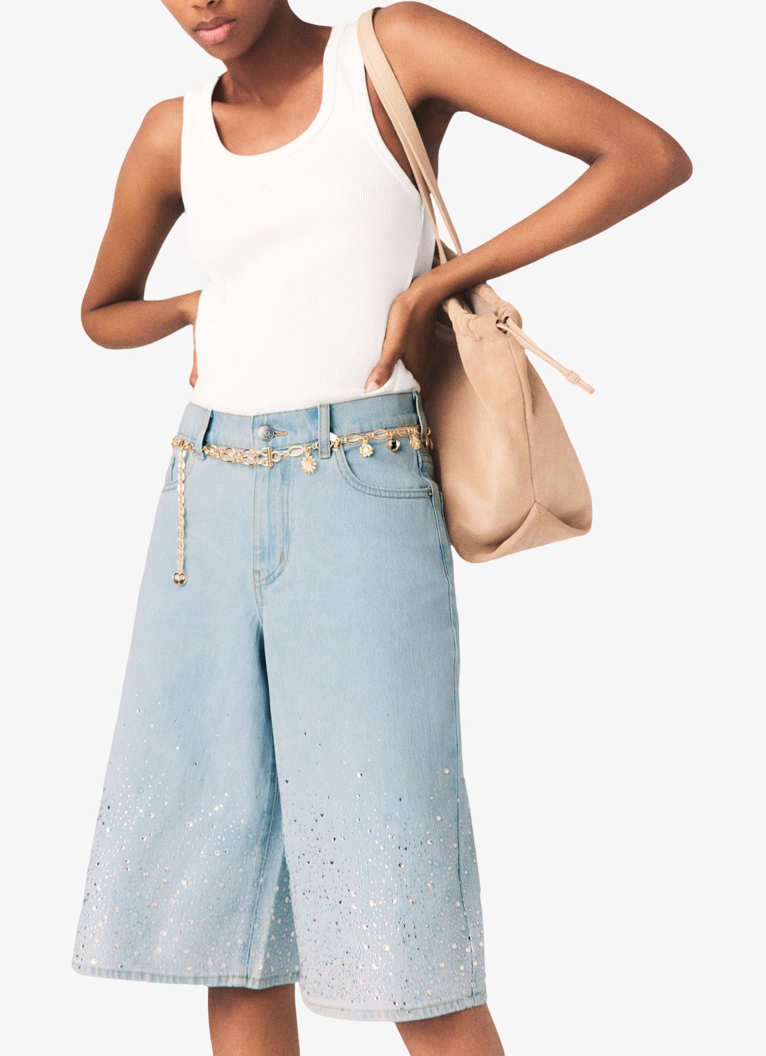 Maje Ipyros loose fit korte broek van denim met strass - detail 4 indigo
