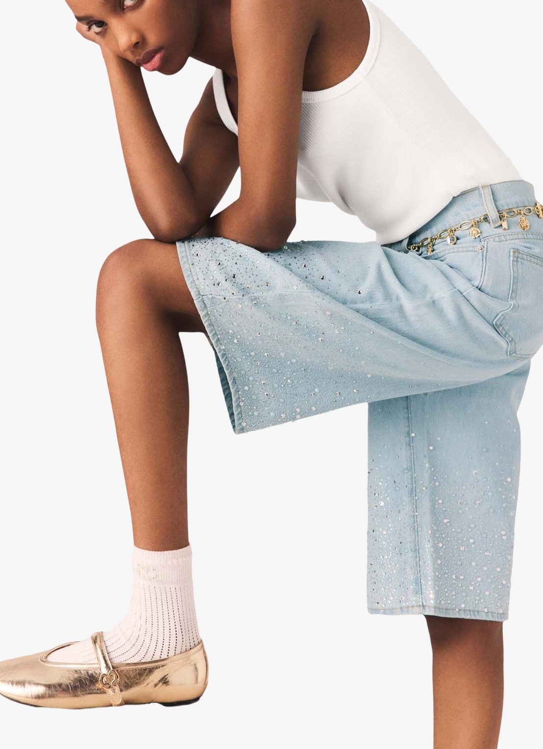 Maje Ipyros loose fit korte broek van denim met strass - detail 5 indigo