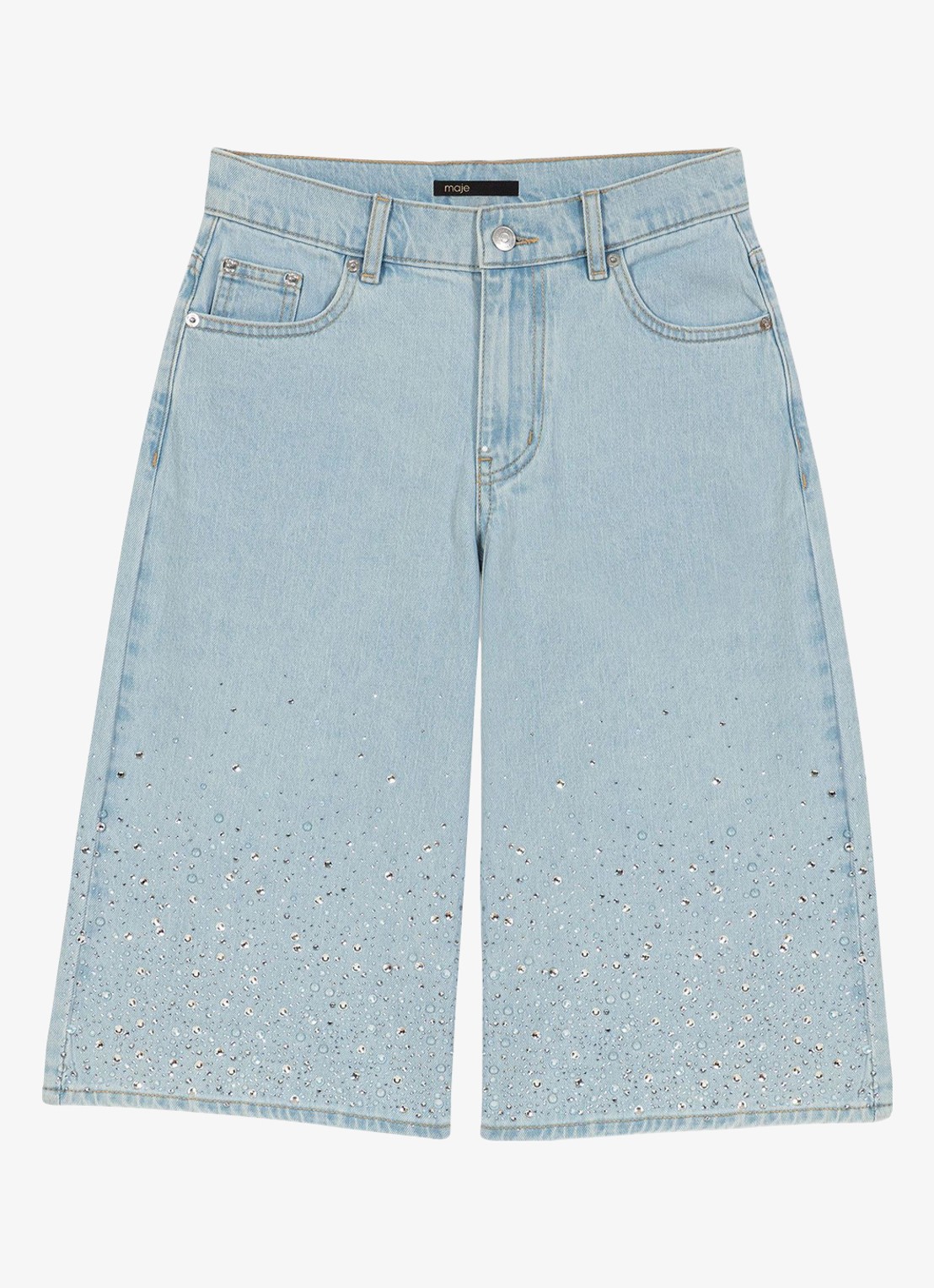 Maje Ipyros loose fit korte broek van denim met strass - voorkant 2 indigo
