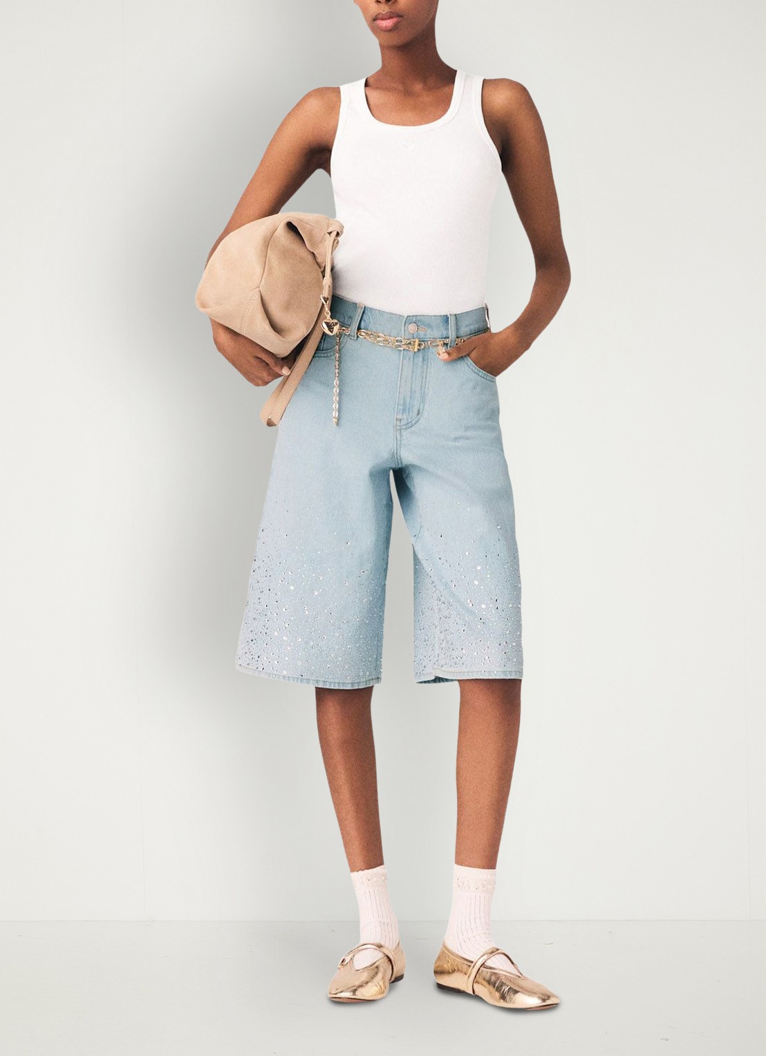 Maje Ipyros loose fit korte broek van denim met strass - voorkant 3 indigo