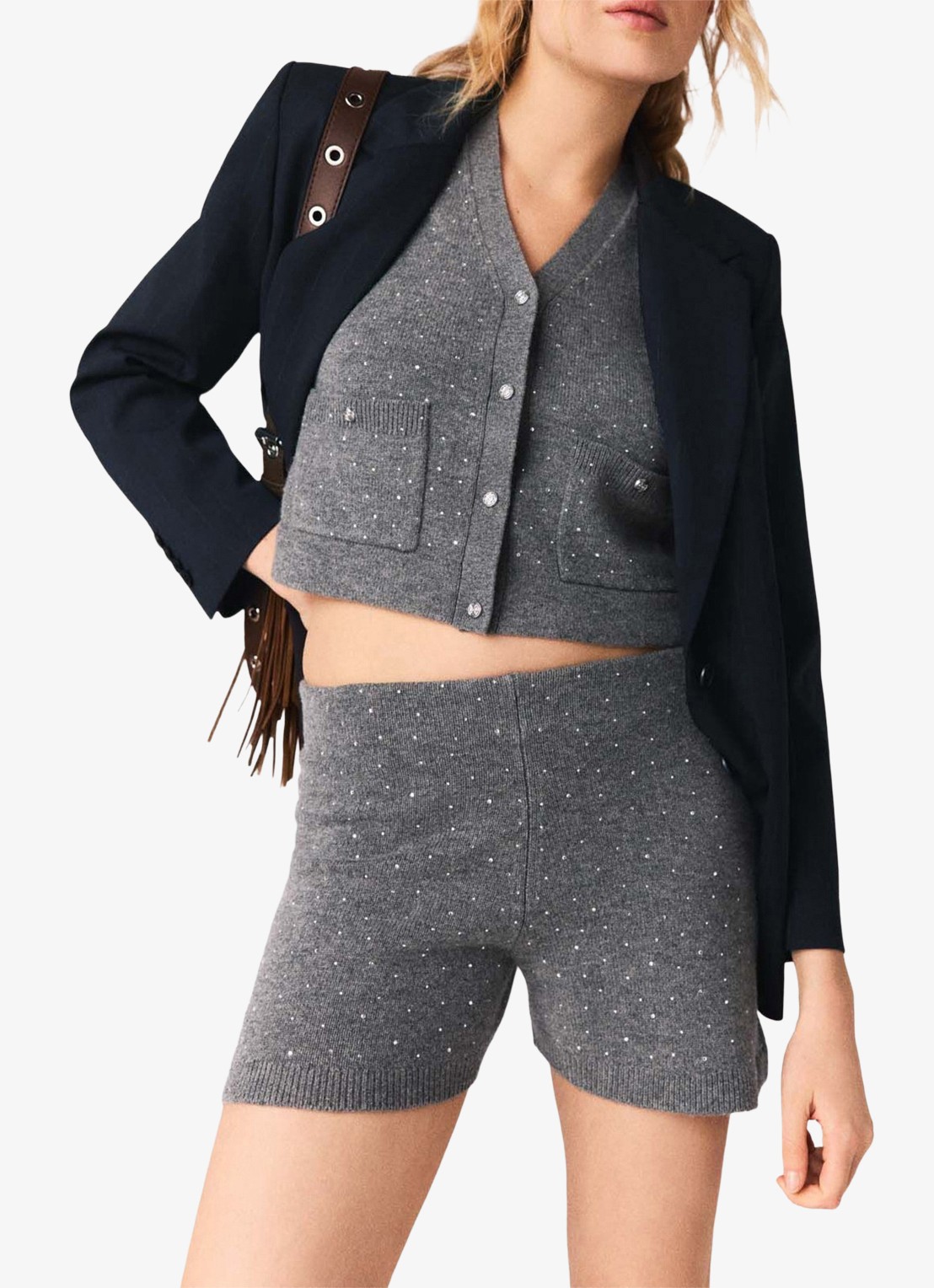 Maje Istra high waist straight fit korte broek in wolblend - detail 2 grijs