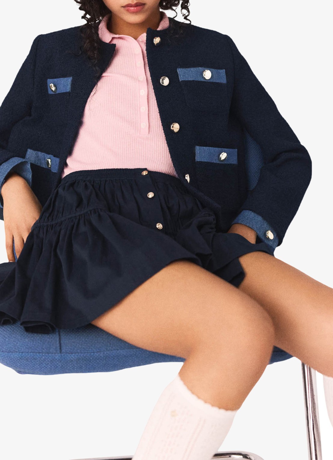 Maje Jack van bouclé met details van denim en opgestikte zakken - detail 3 donkerblauw