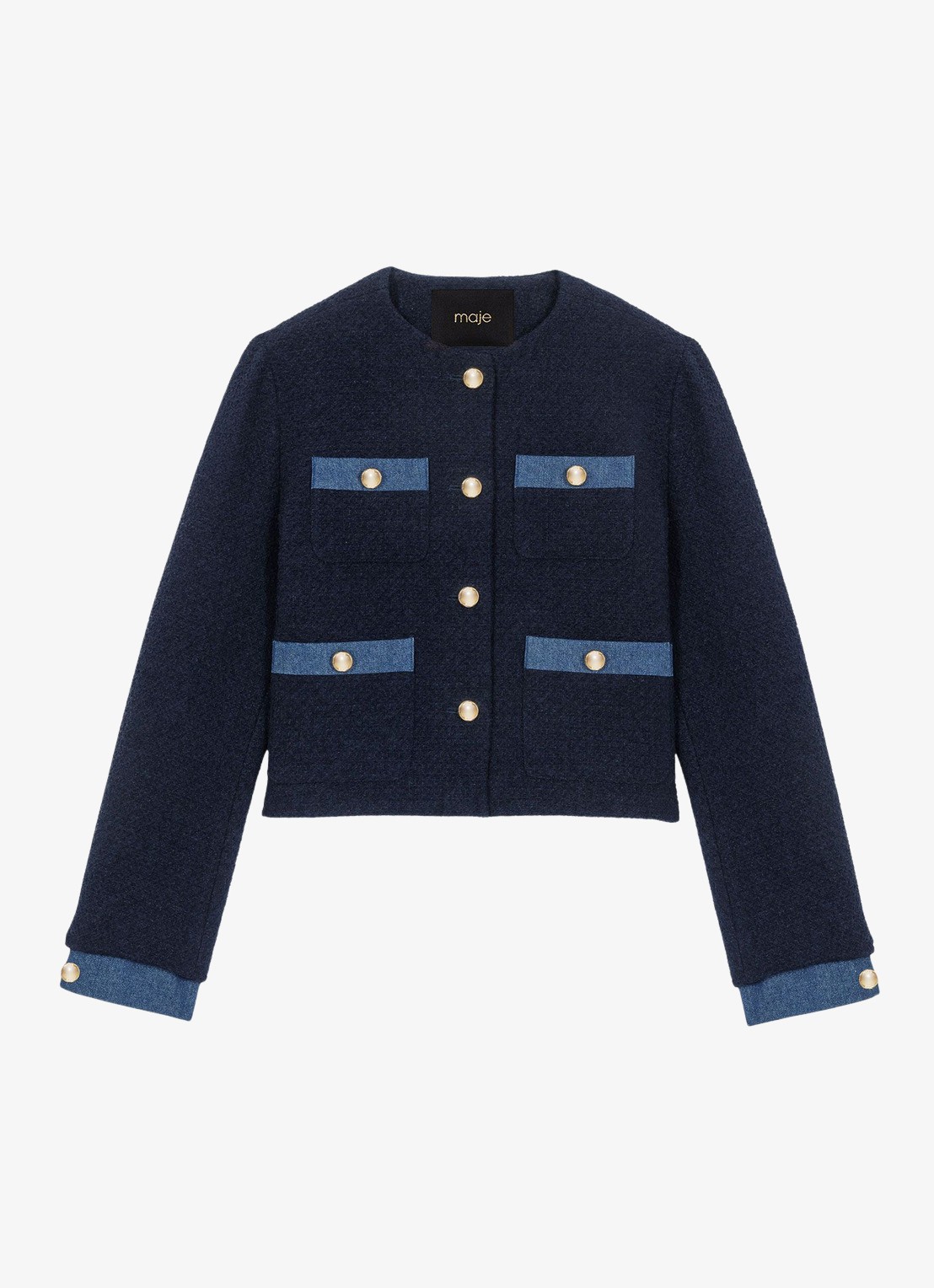 Maje Jack van bouclé met details van denim en opgestikte zakken - voorkant 7 donkerblauw
