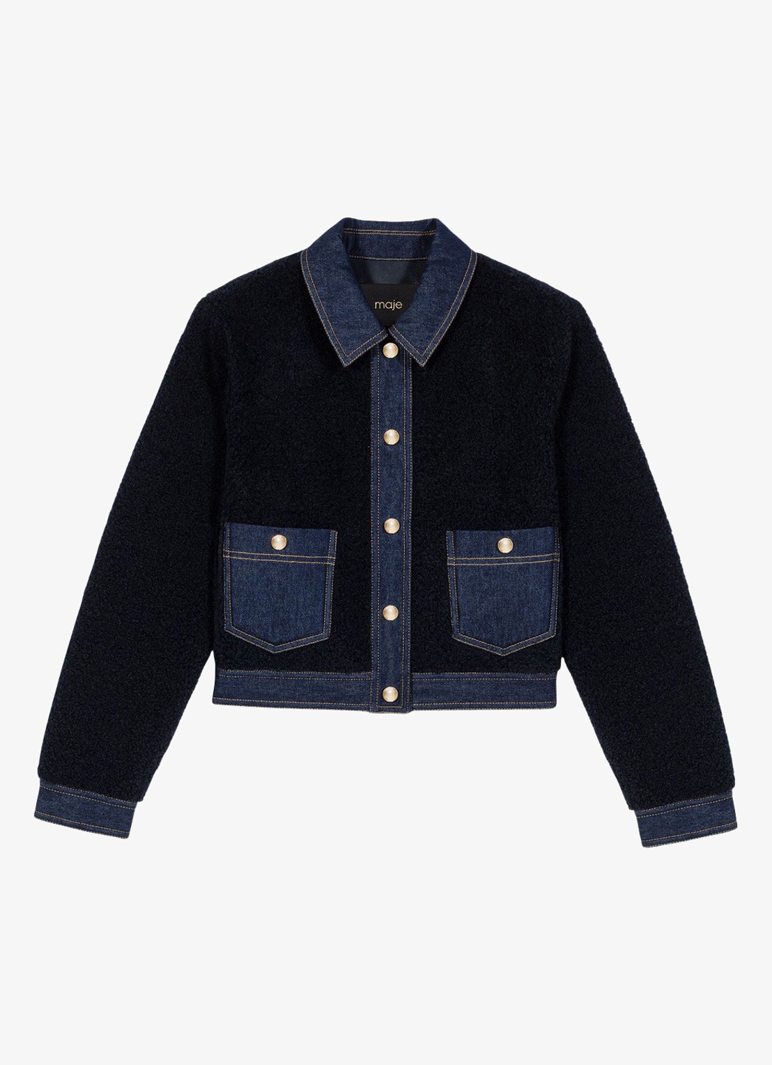 Maje Jack van bouclé  met details van denim - voorkant 5 donkerblauw