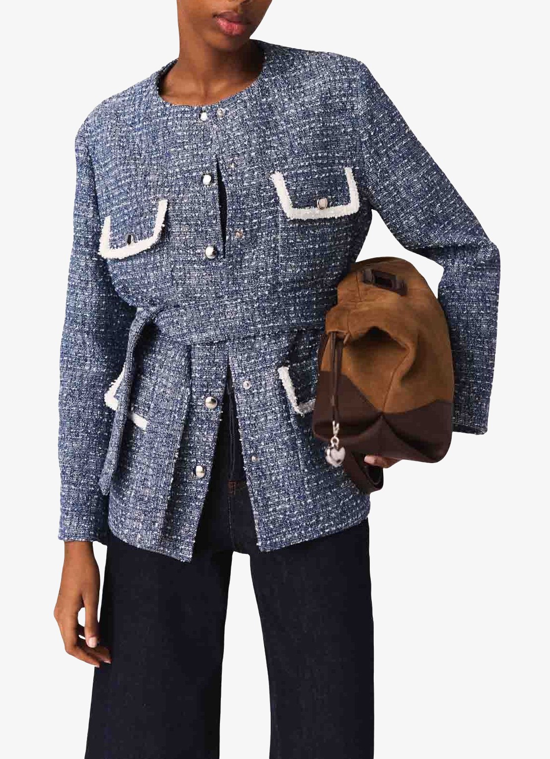 Maje Jack van tweed met klepzakken en strikceintuur - detail 4 donkerblauw