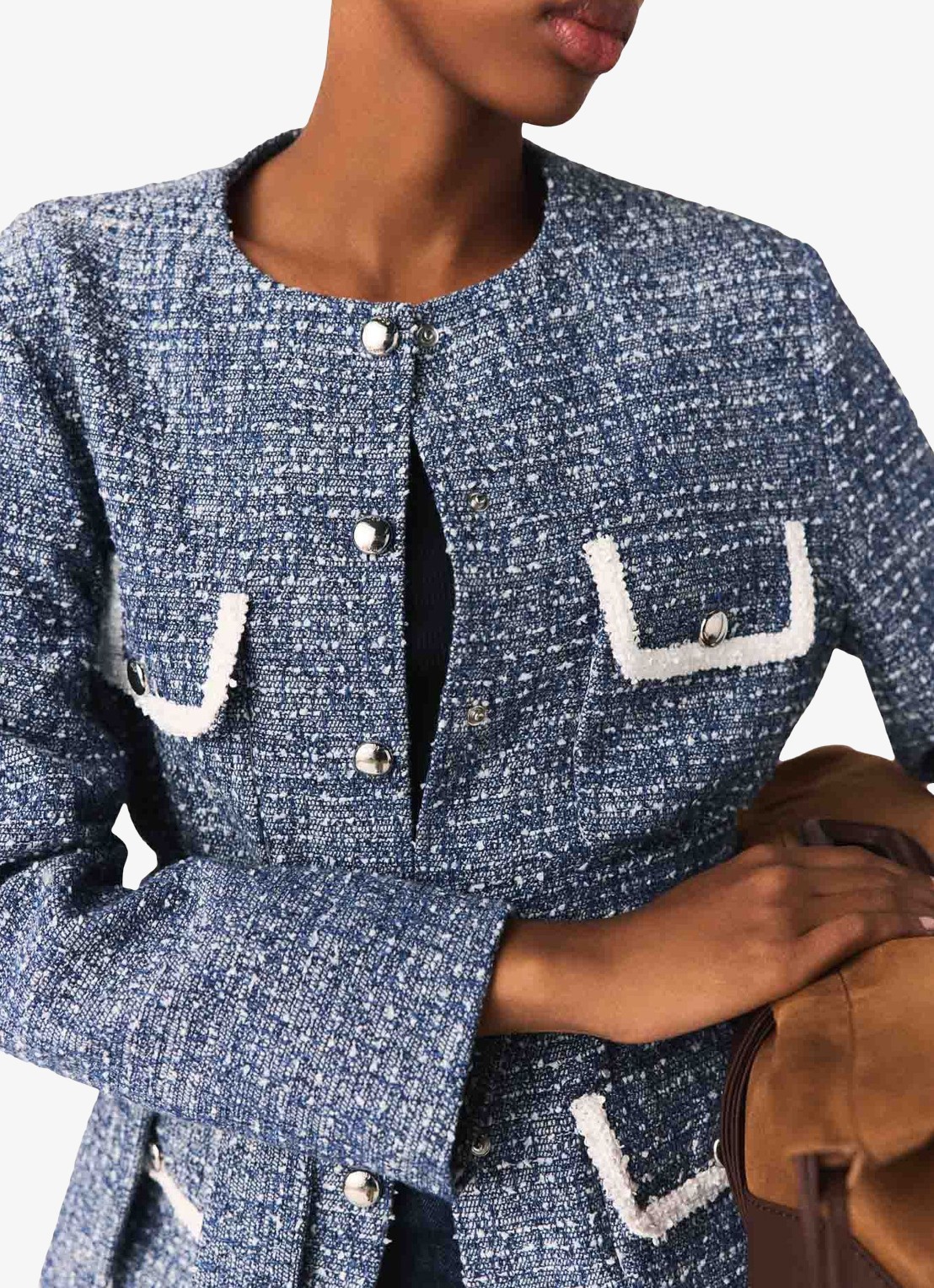 Maje Jack van tweed met klepzakken en strikceintuur - detail 5 donkerblauw