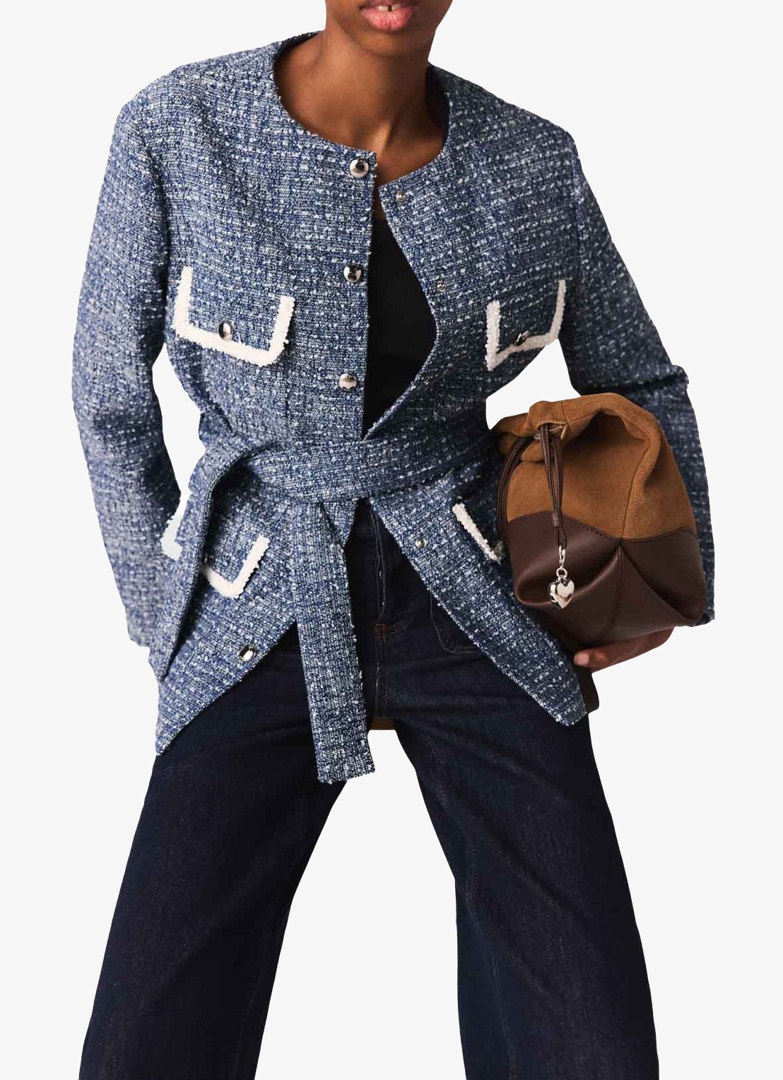 Maje Jack van tweed met klepzakken en strikceintuur - detail 7 donkerblauw