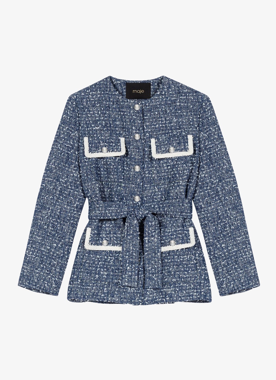Maje Jack van tweed met klepzakken en strikceintuur - voorkant donkerblauw