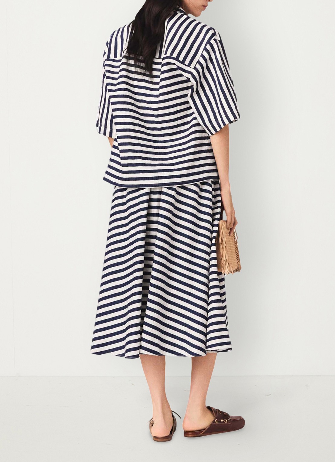 Maje Jalais midi rok met streepprint - achterkant 5 donkerblauw