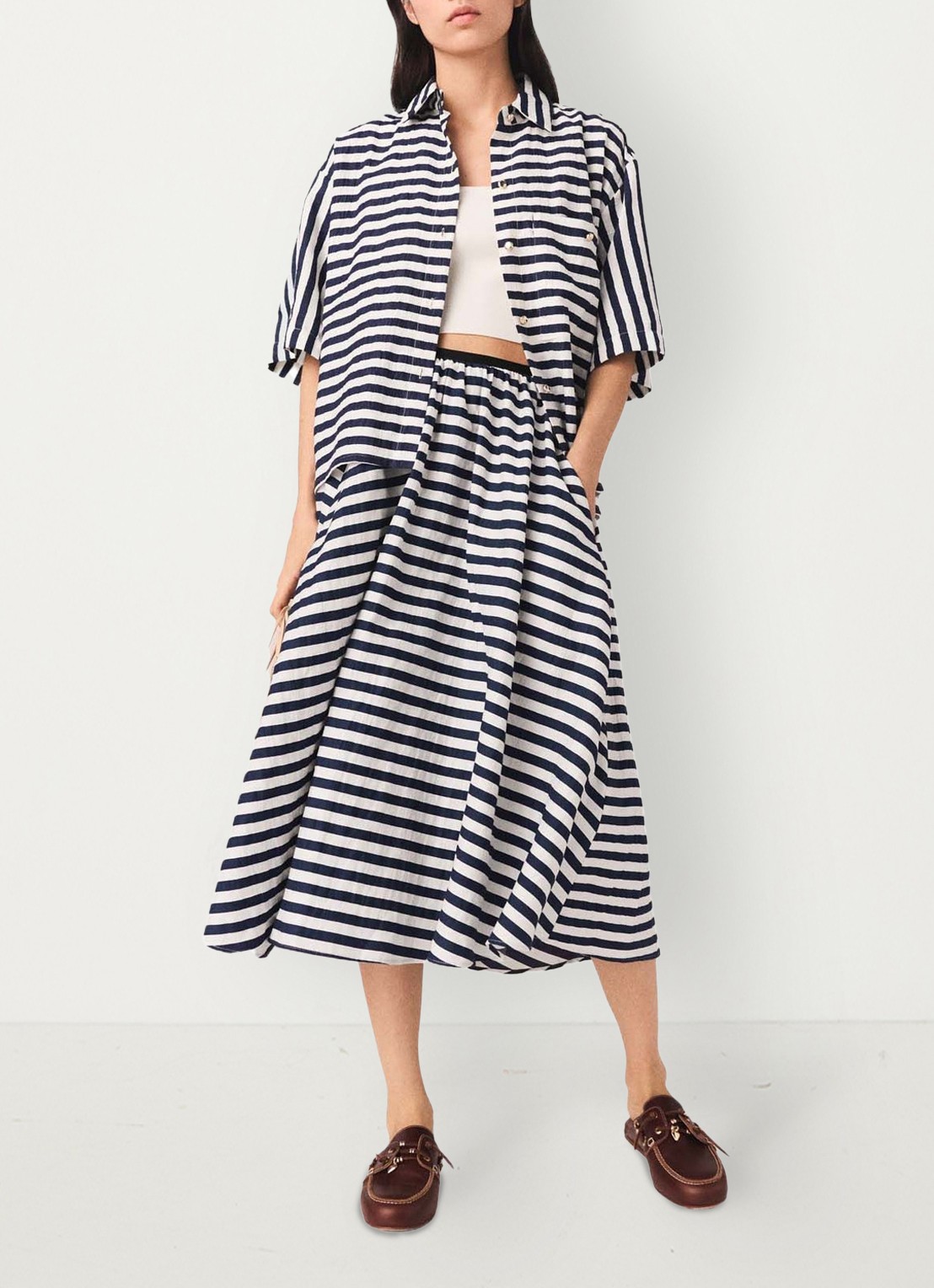 Maje Jalais midi rok met streepprint - detail donkerblauw