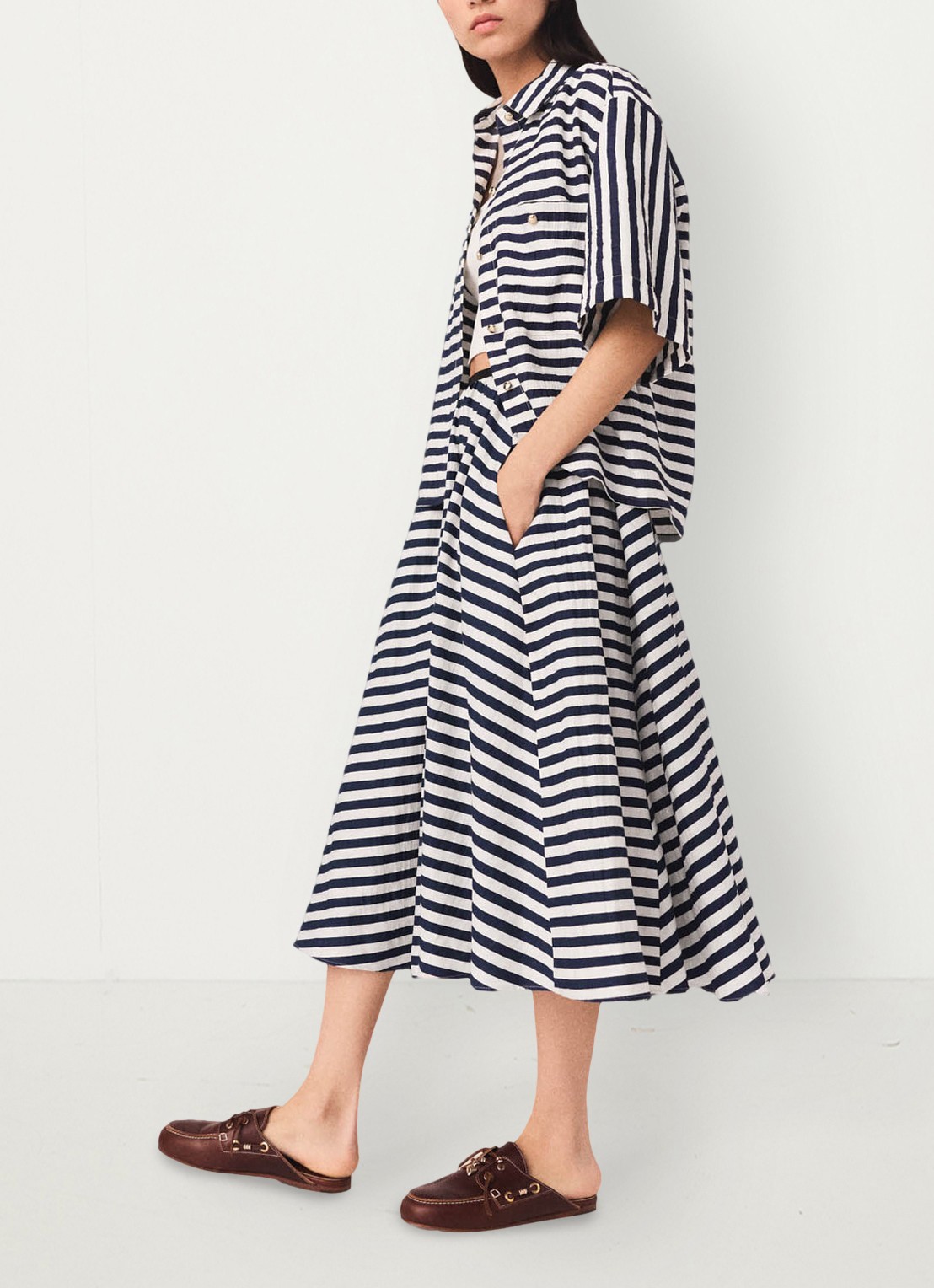 Maje Jalais midi rok met streepprint - detail 2 donkerblauw