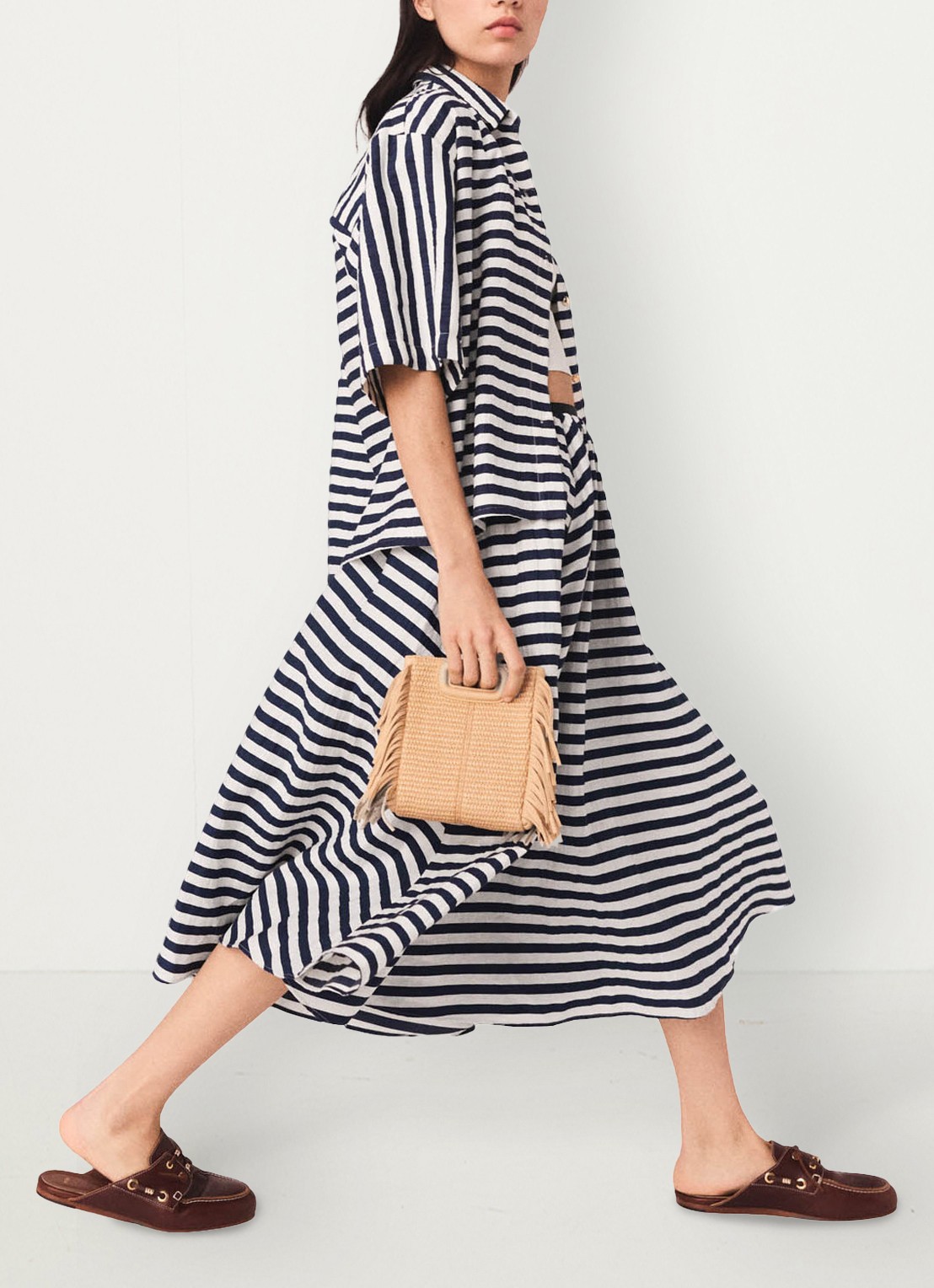 Maje Jalais midi rok met streepprint - detail 4 donkerblauw