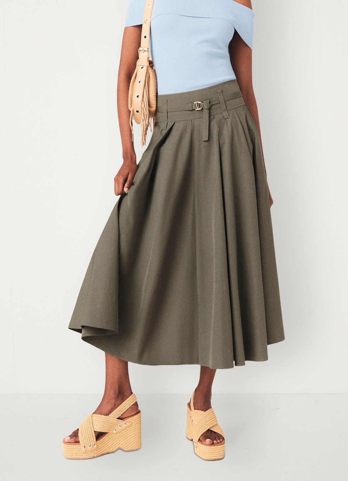 Maje Jeji midi rok met plooien  - detail 3 legergroen