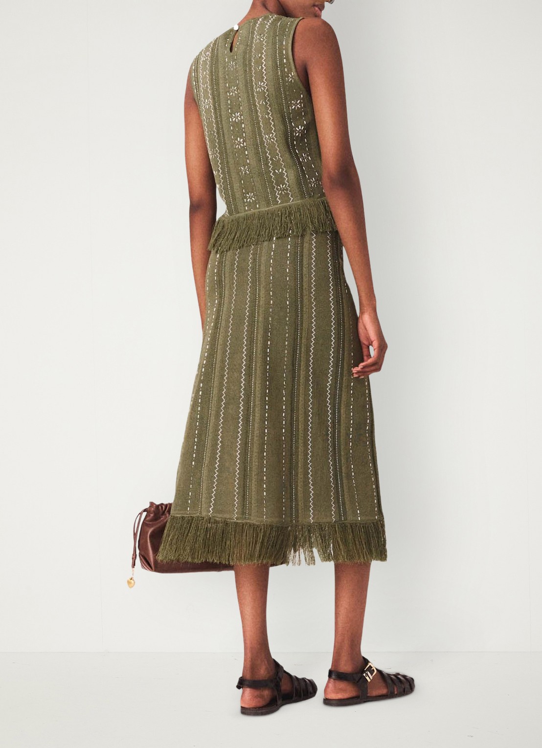 Maje Jilurex midi rok met strass en franjes - achterkant legergroen