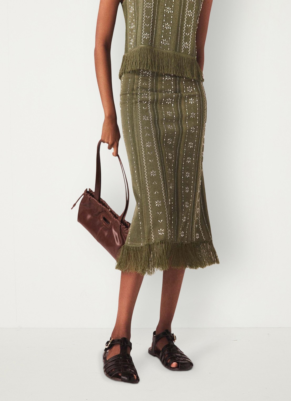 Maje Jilurex midi rok met strass en franjes - detail 4 legergroen