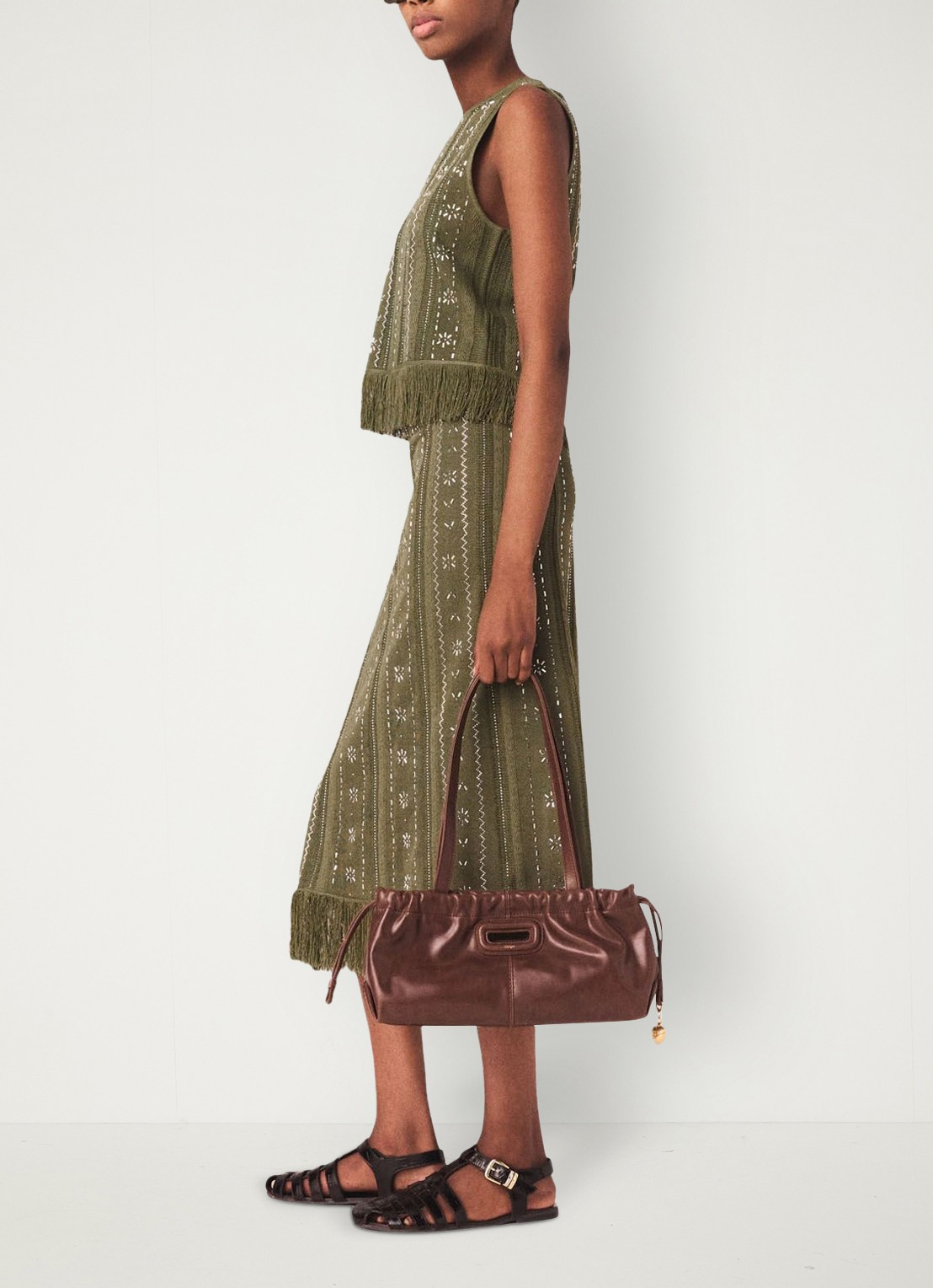 Maje Jilurex midi rok met strass en franjes - detail 5 legergroen