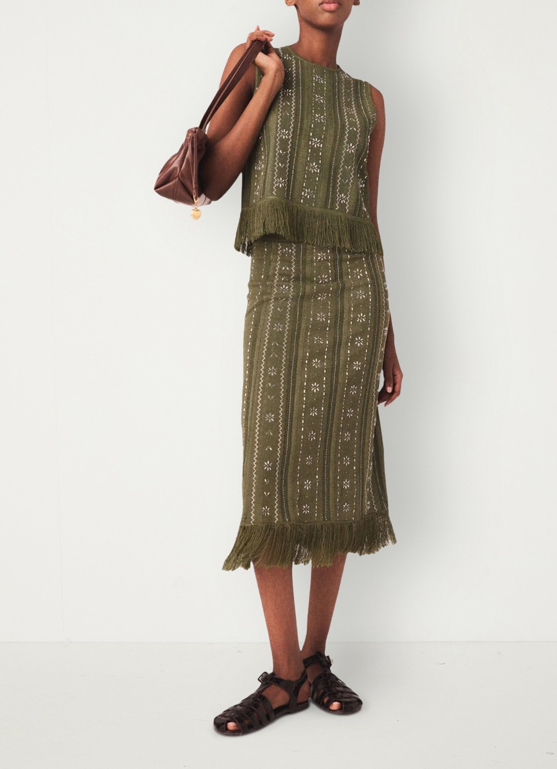 Maje Jilurex midi rok met strass en franjes - detail 6 legergroen